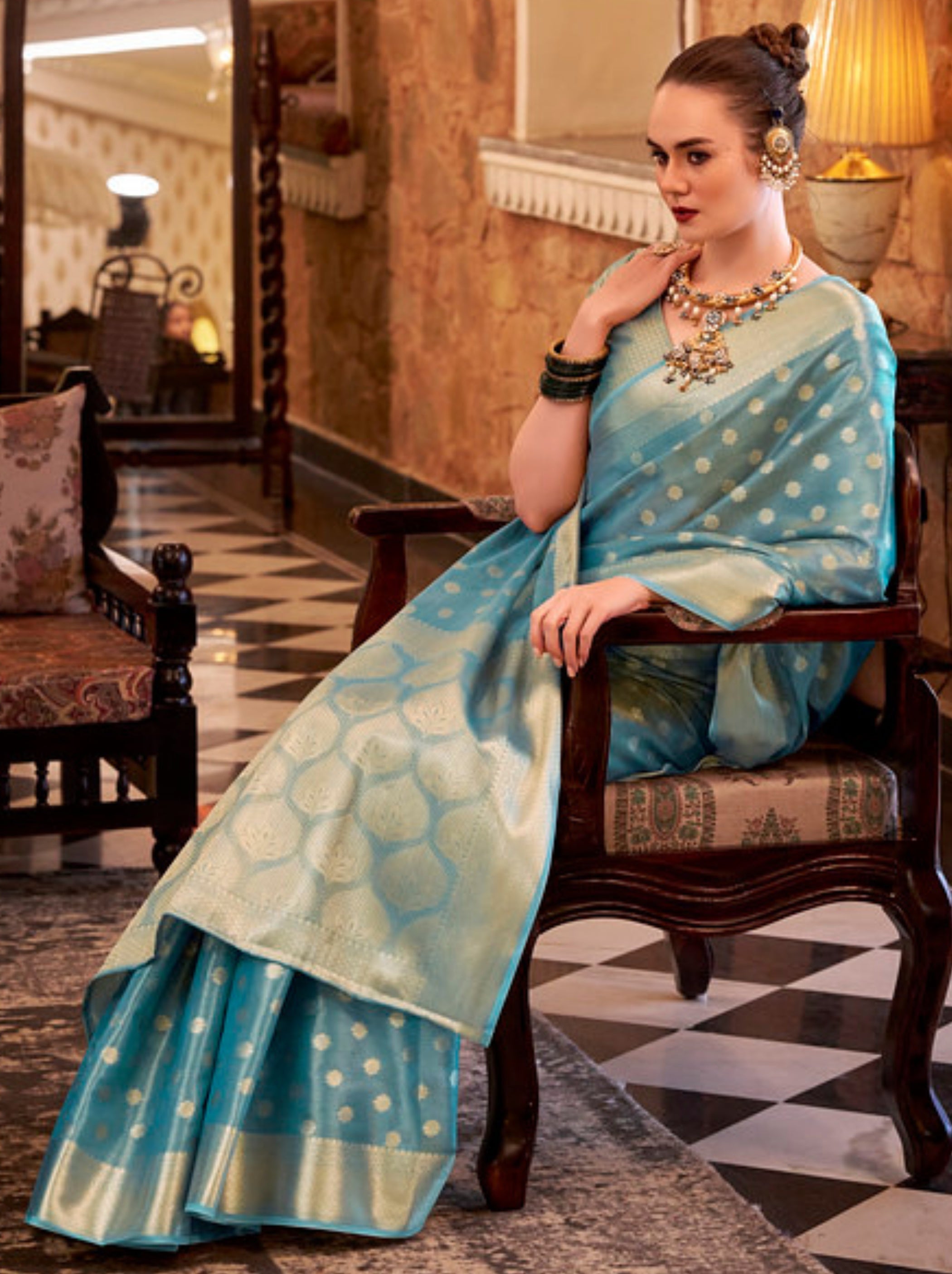 Steel Blue Fancy Tissue Silk Saree With Blouse Piece - TrendOye