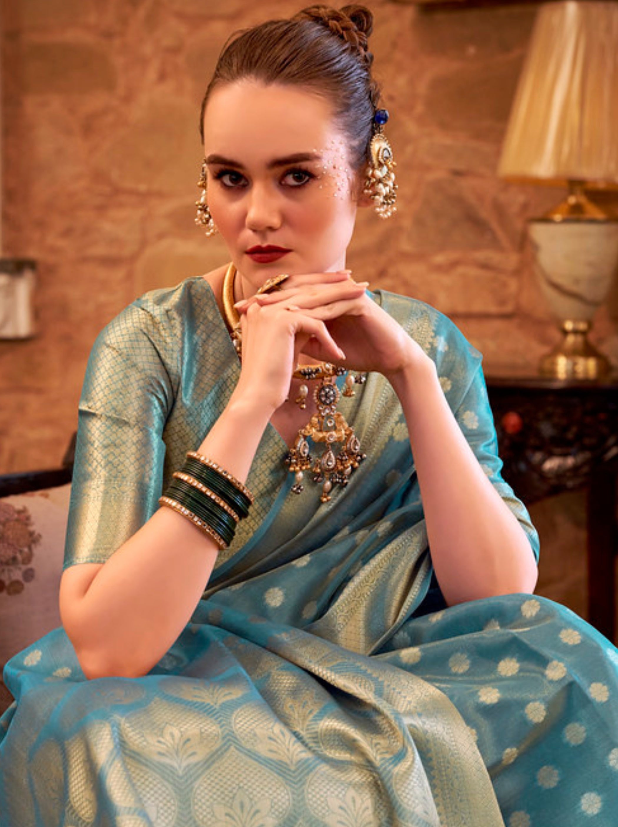 Steel Blue Fancy Tissue Silk Saree With Blouse Piece - TrendOye