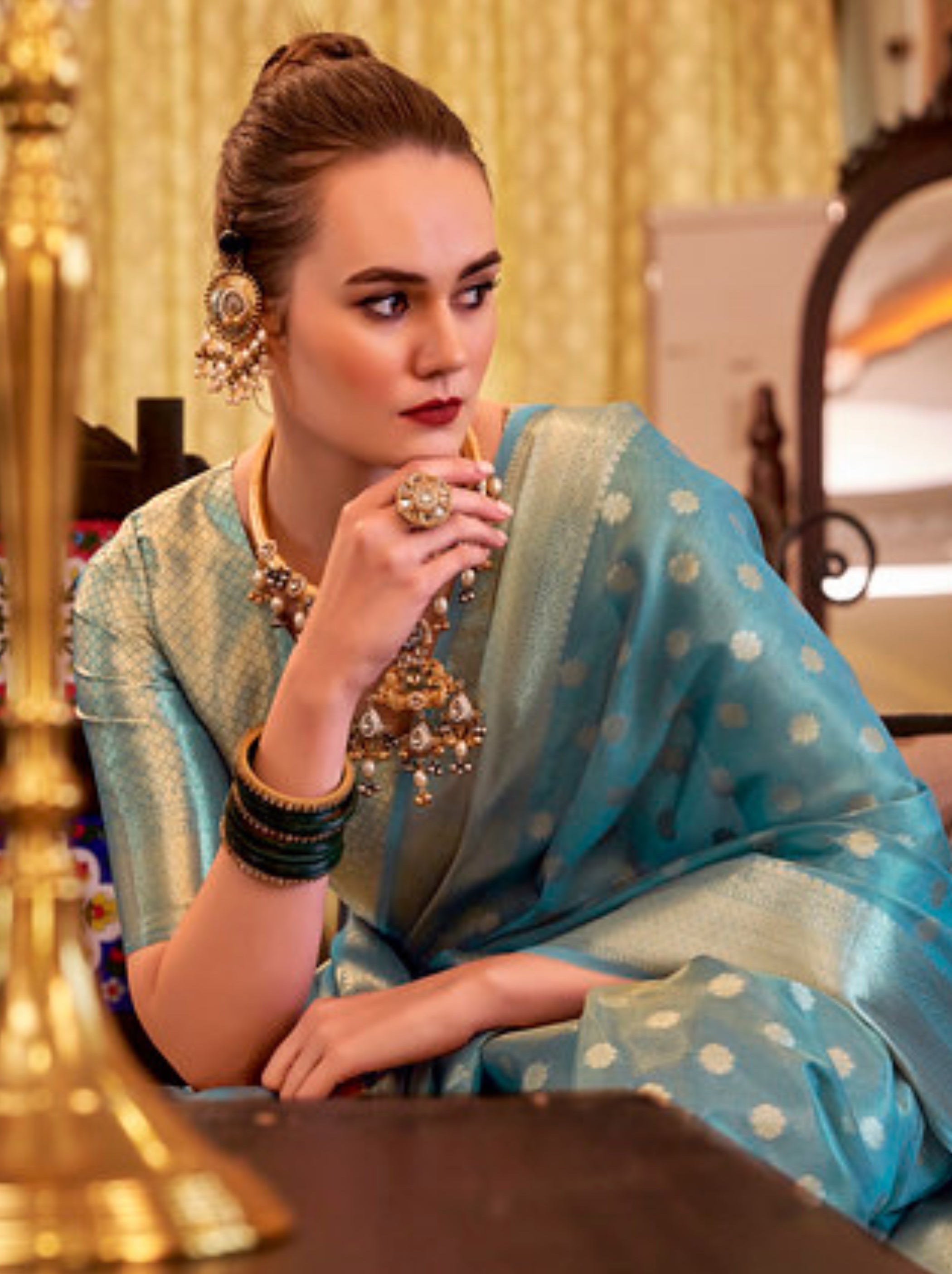Steel Blue Fancy Tissue Silk Saree With Blouse Piece - TrendOye