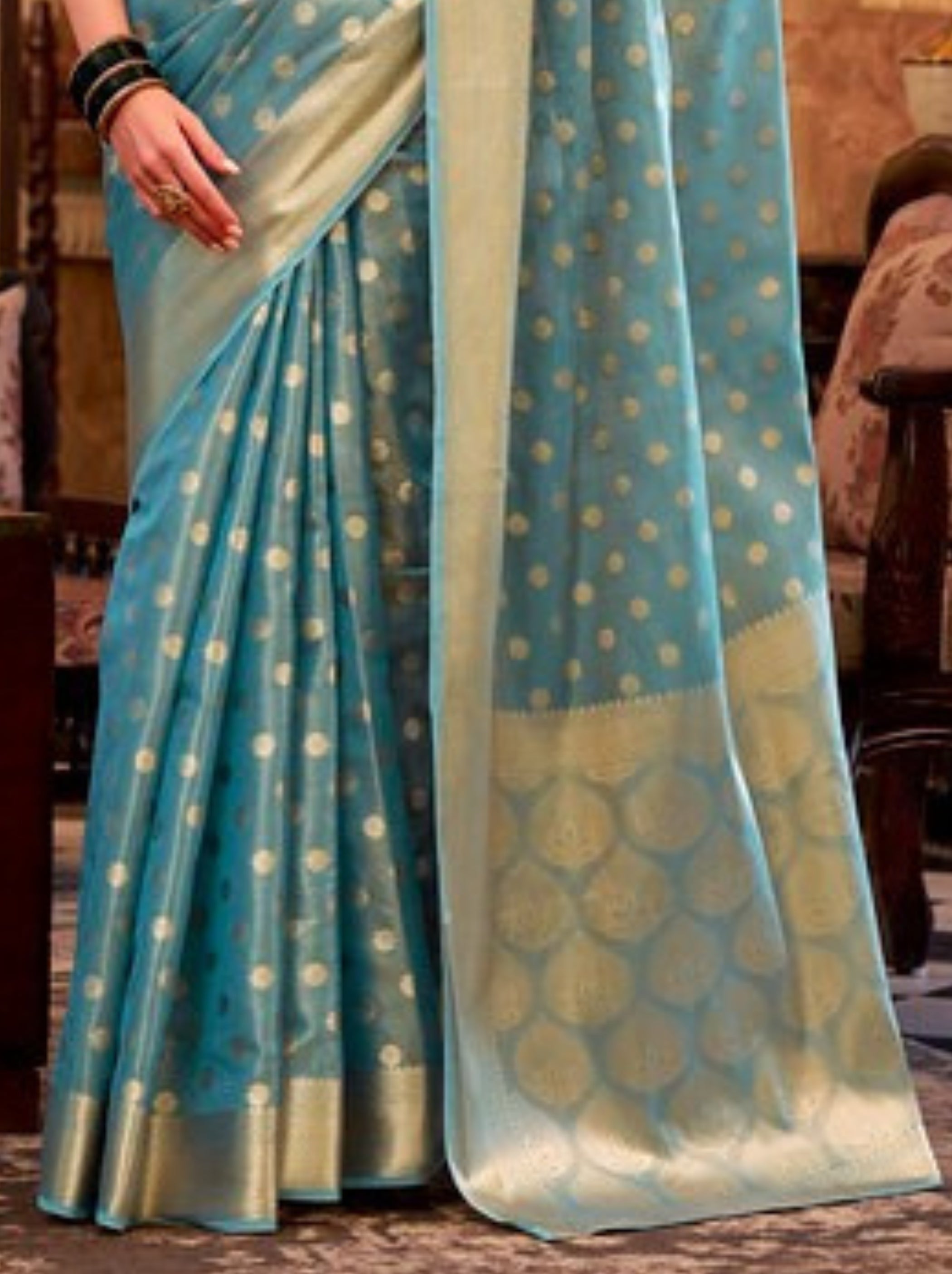 Steel Blue Fancy Tissue Silk Saree With Blouse Piece - TrendOye