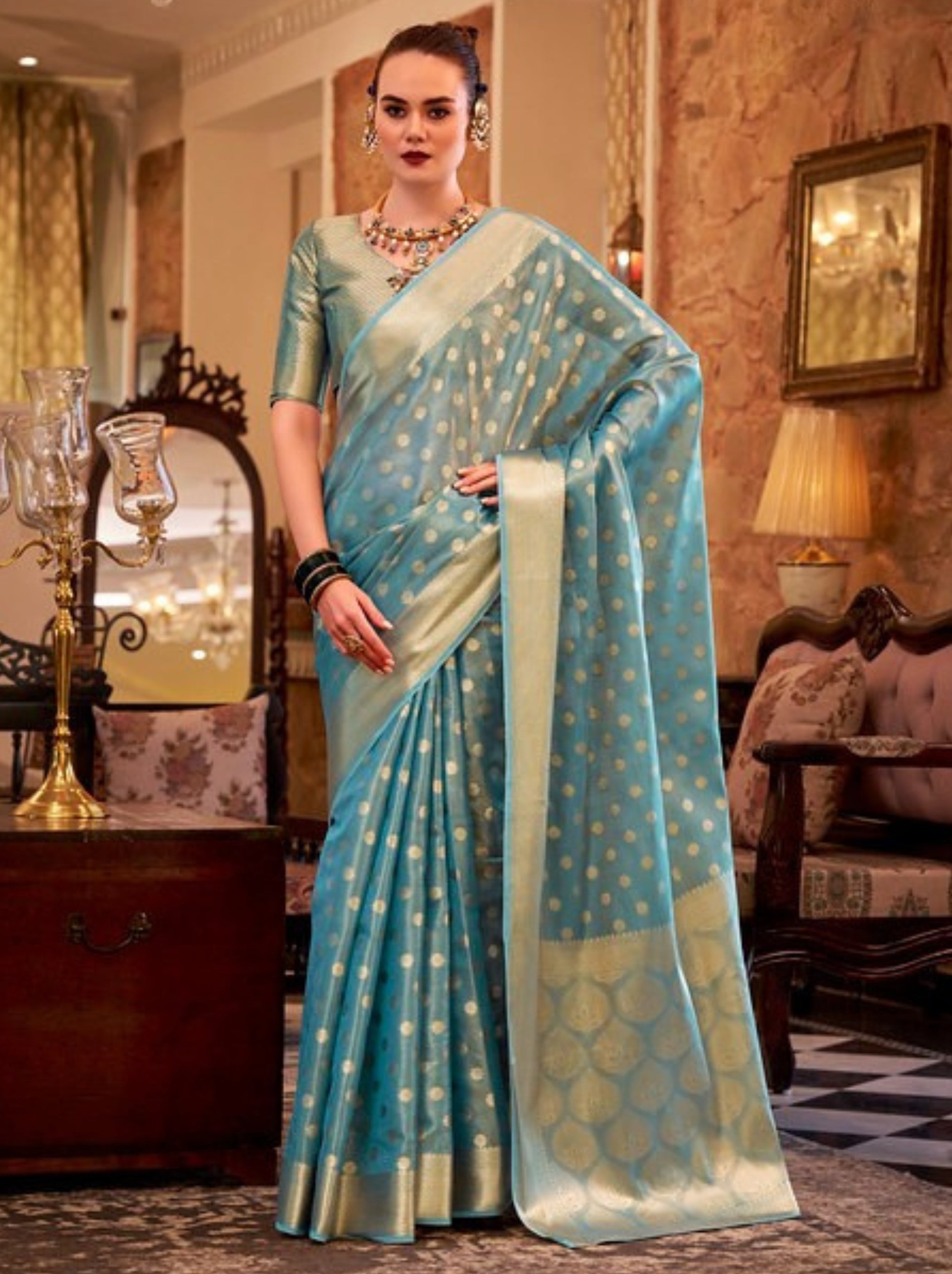 Steel Blue Fancy Tissue Silk Saree With Blouse Piece - TrendOye