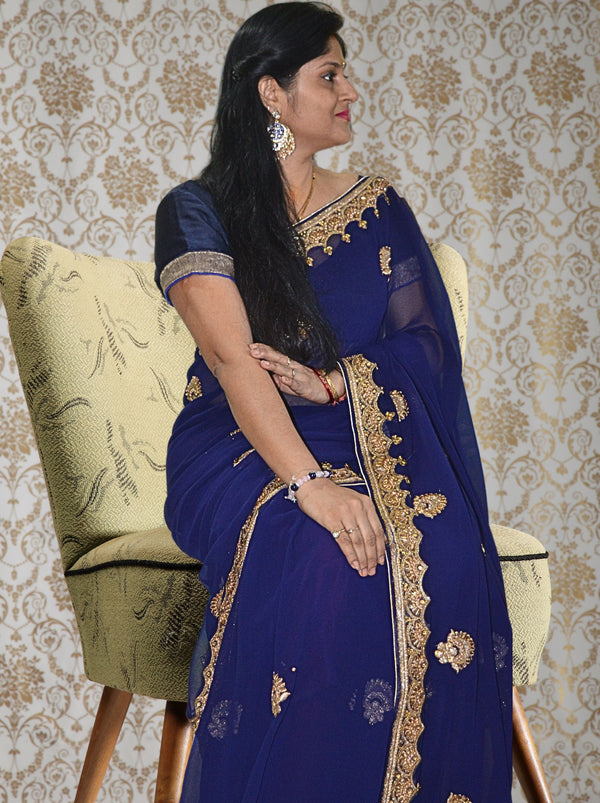 Blue Wedding & Festive Saree With Kundan Stone Work - TrendOye