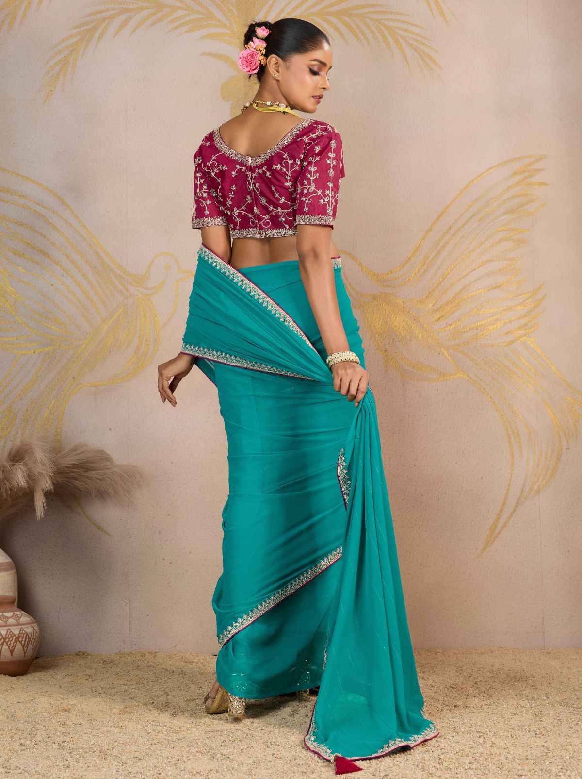 Turquoise Blue Georgette Silk Party Saree with Zari & Sequin Border