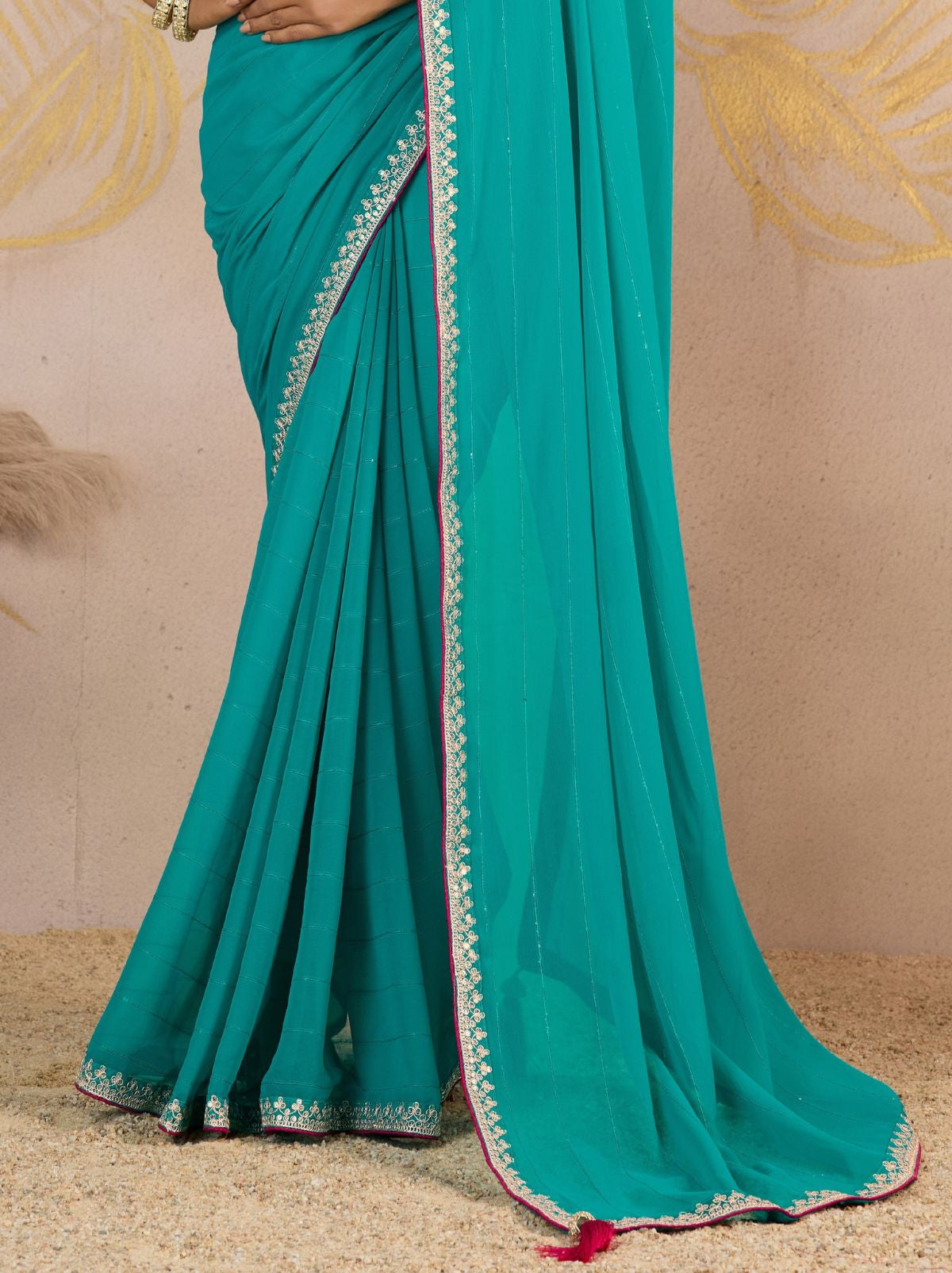 Turquoise Blue Georgette Silk Party Saree with Zari & Sequin Border
