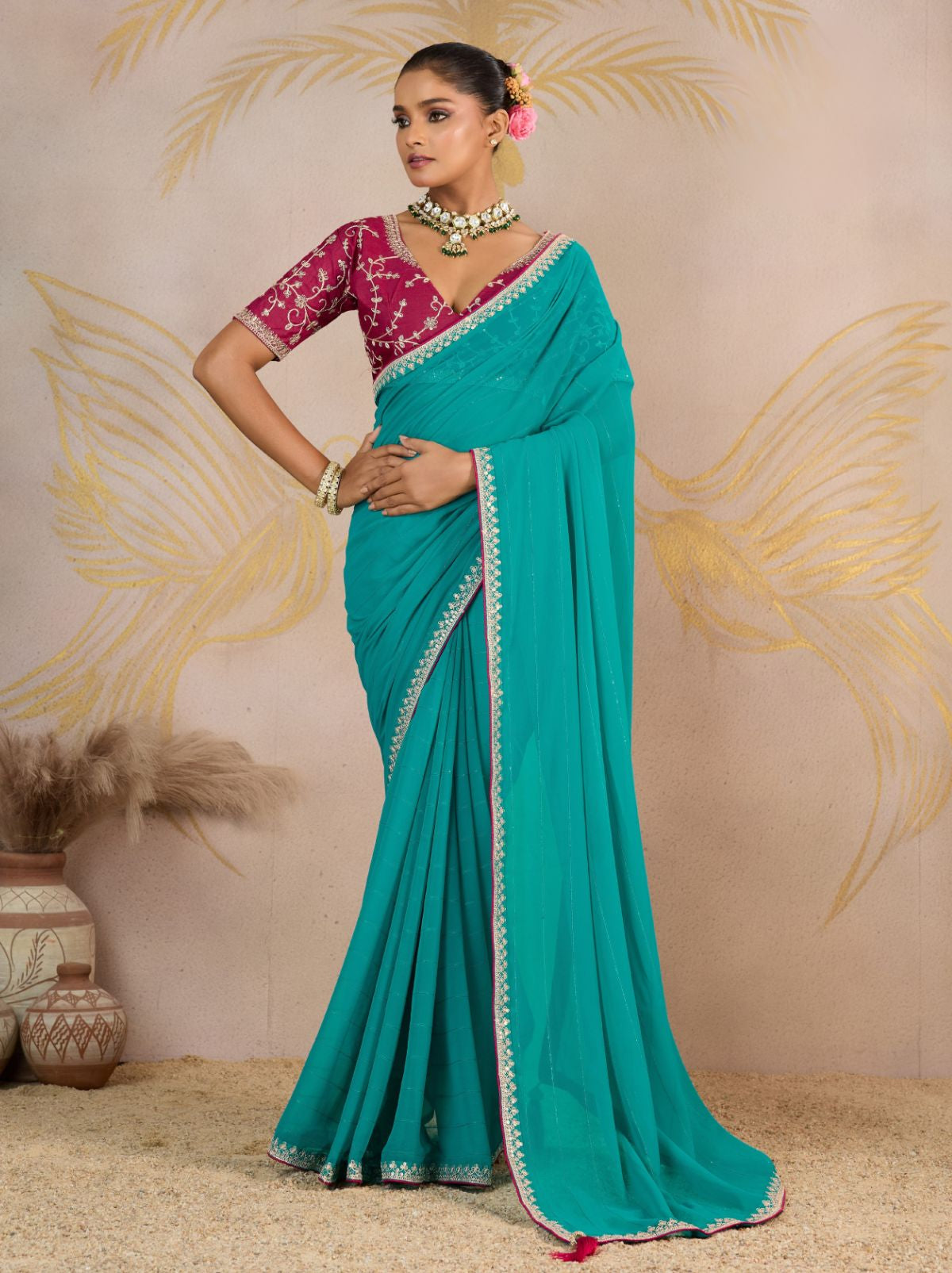 Turquoise Blue Georgette Silk Party Saree with Zari & Sequin Border