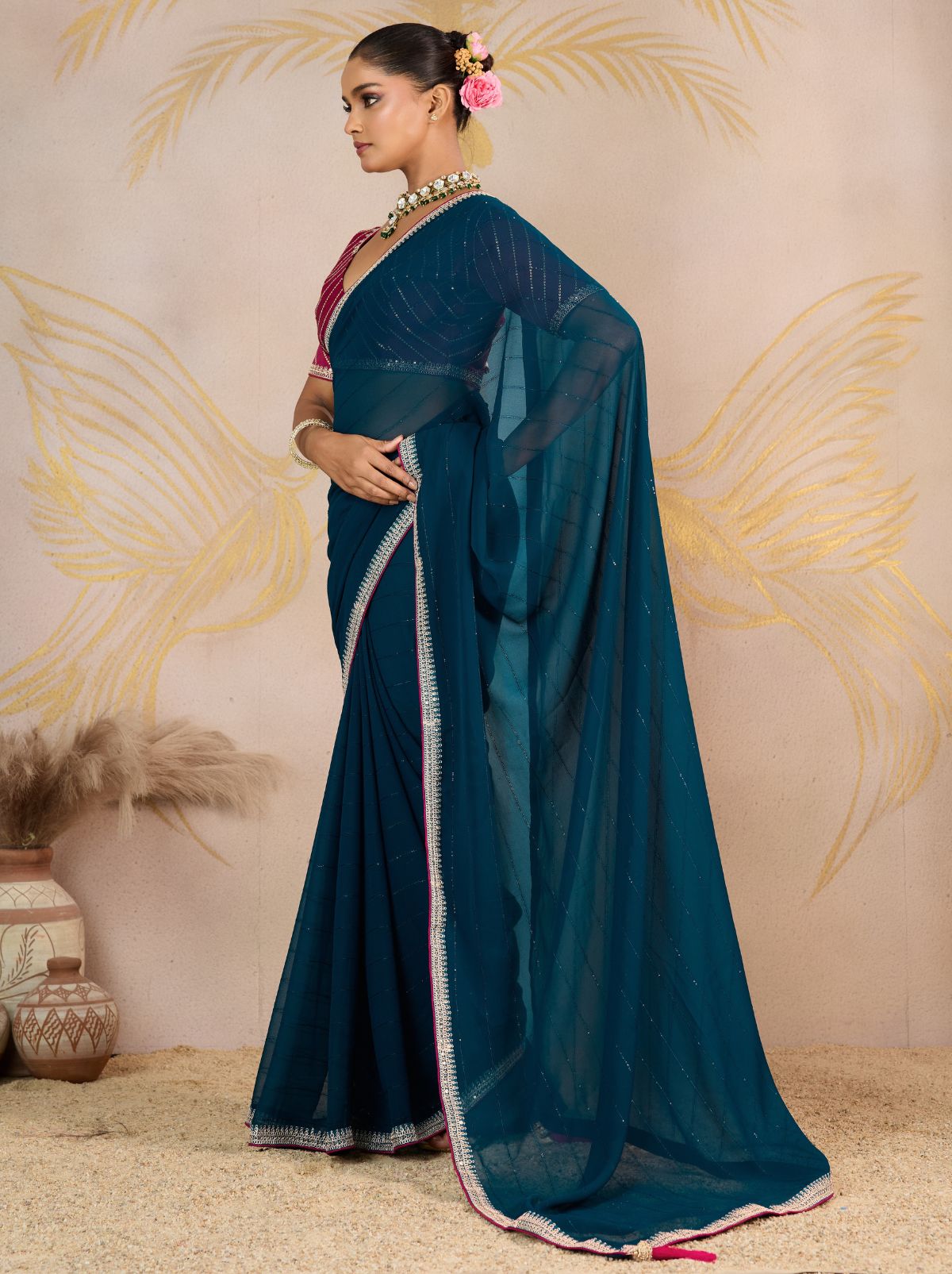 Space Blue Georgette Silk Party Saree with Zari & Sequin Border