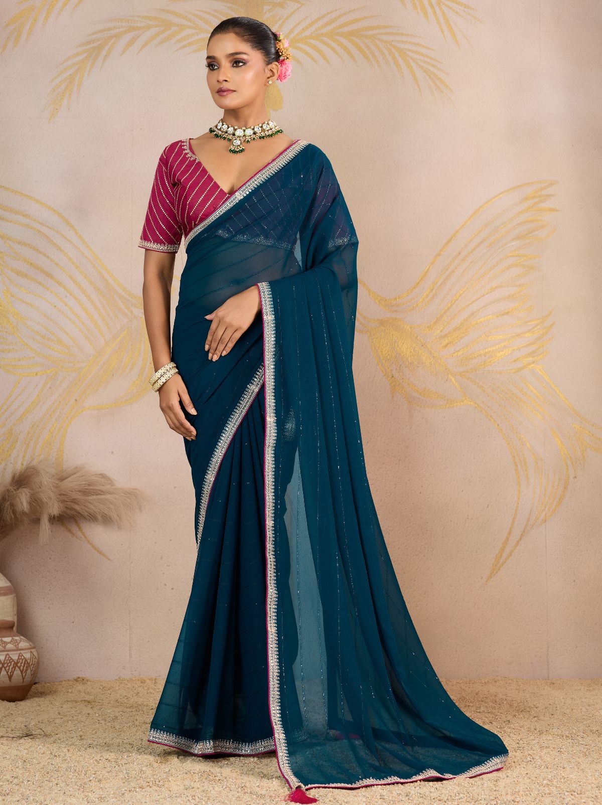 Space Blue Georgette Silk Party Saree with Zari & Sequin Border