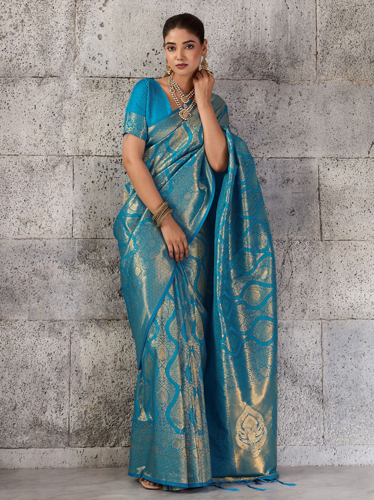 Azure Blue Kanjivaram Silk Saree With Intricate Gold Zari