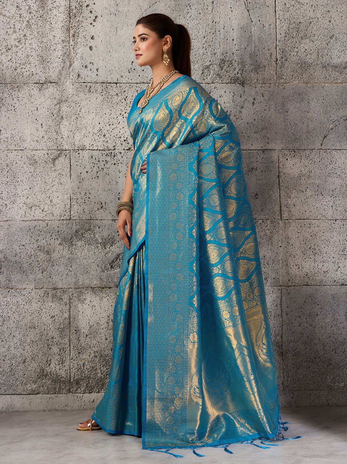 Azure Blue Kanjivaram Silk Saree With Intricate Gold Zari