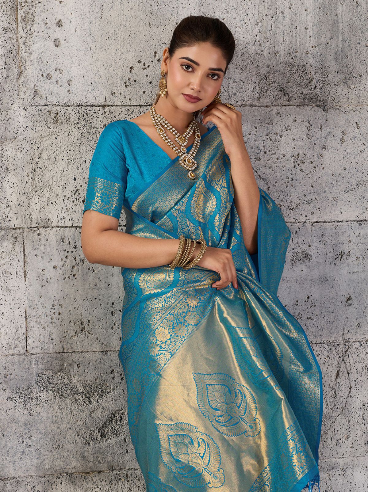 Azure Blue Kanjivaram Silk Saree With Intricate Gold Zari
