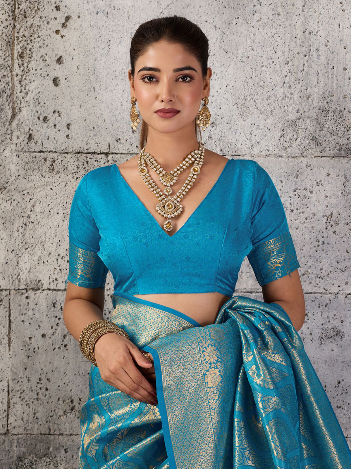 Azure Blue Kanjivaram Silk Saree With Intricate Gold Zari
