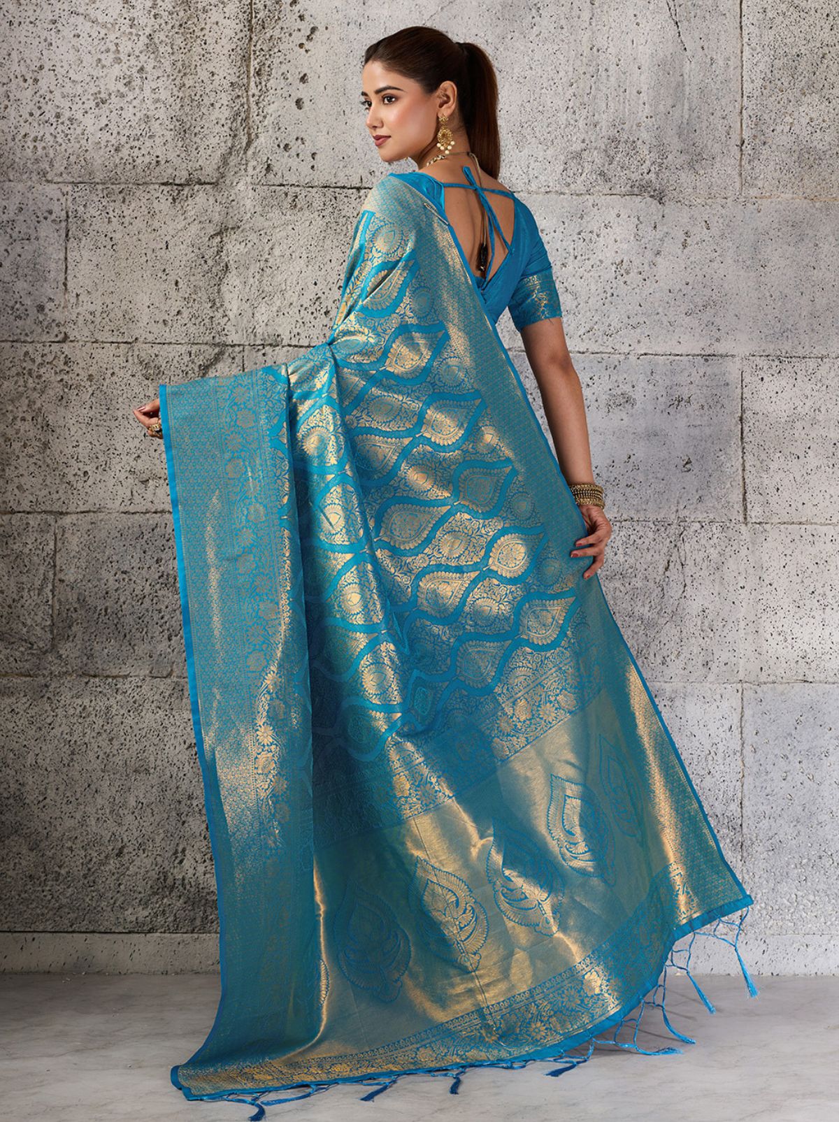 Azure Blue Kanjivaram Silk Saree With Intricate Gold Zari