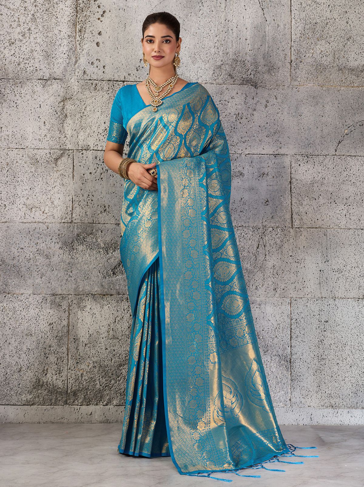 Azure Blue Kanjivaram Silk Saree With Intricate Gold Zari