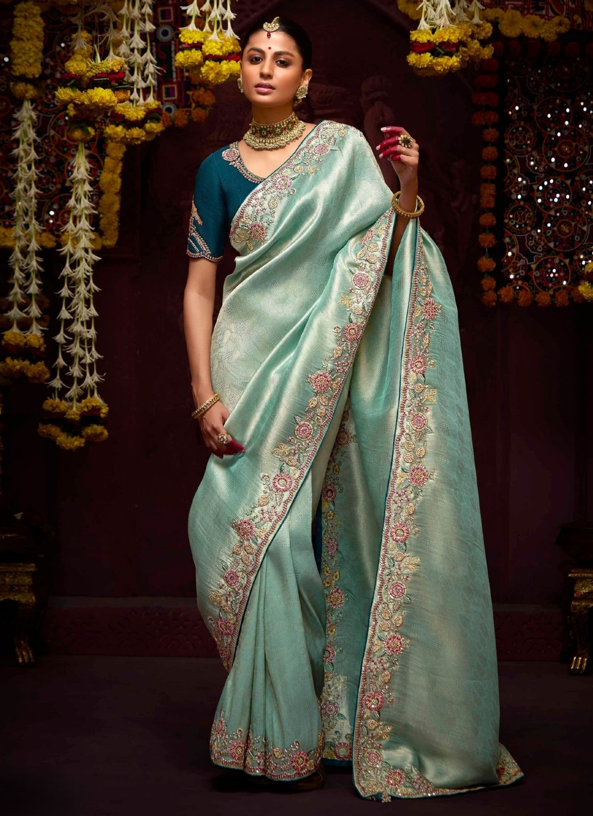 Sky Blue Luxury Banarasi Kanjivaram Saree with Embroidery - TrendOye