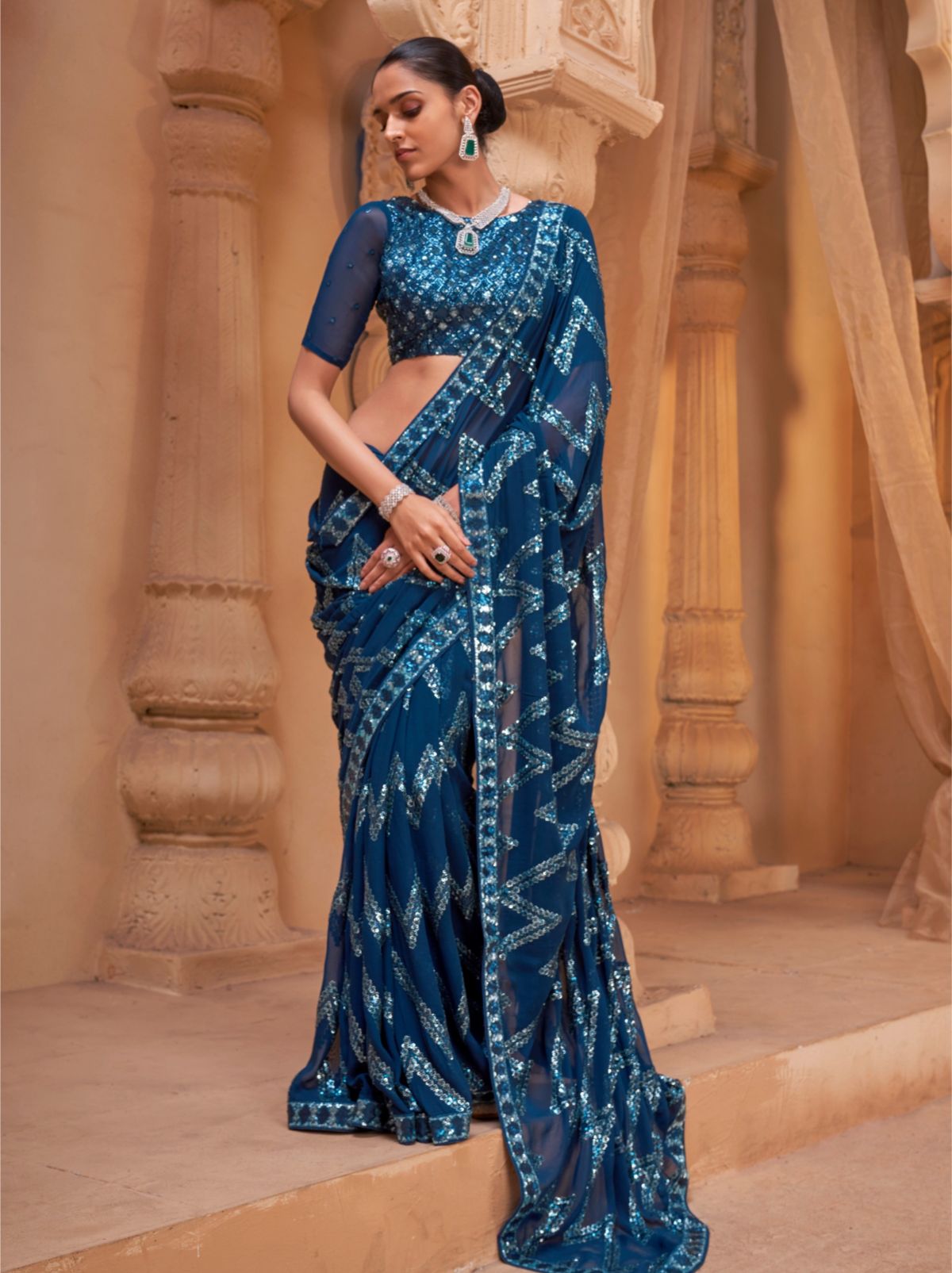 Berry Blue Luxury Georgette Silk Saree With Sequin & Thread Work