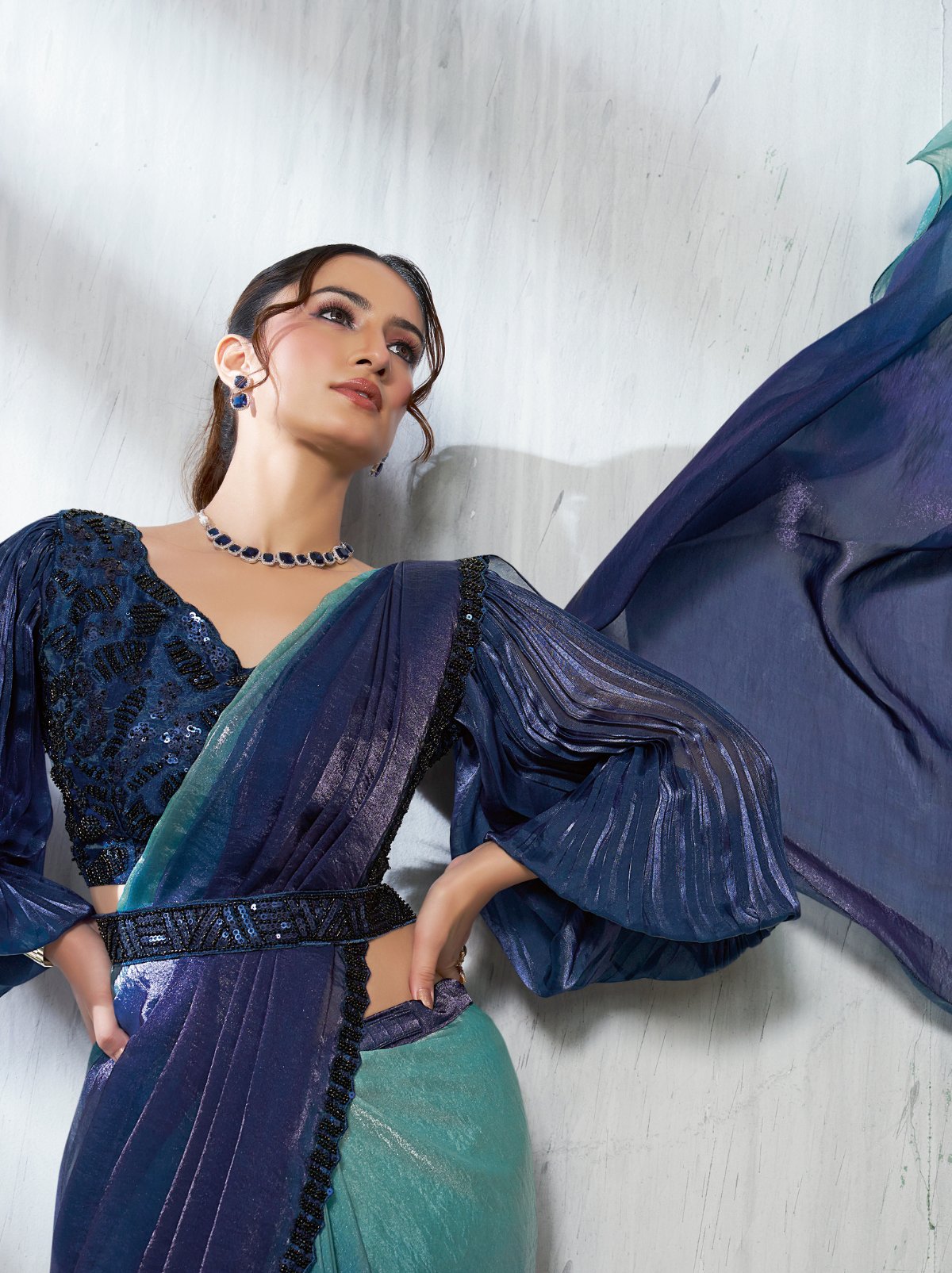 Blue Ombre Dual Tone Ready To Wear Satin Saree With Trendy Blouse