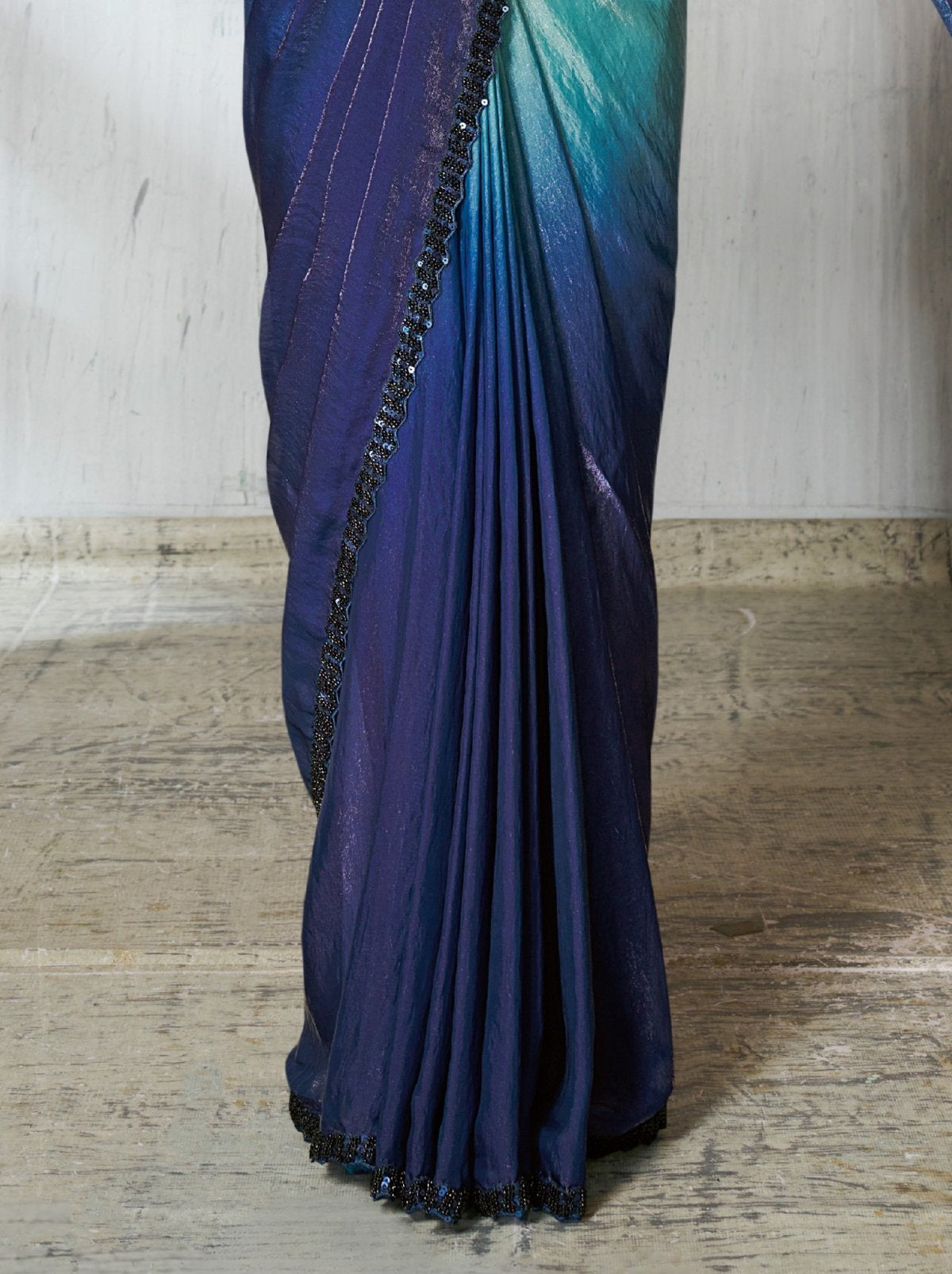 Blue Ombre Dual Tone Ready To Wear Satin Saree With Trendy Blouse