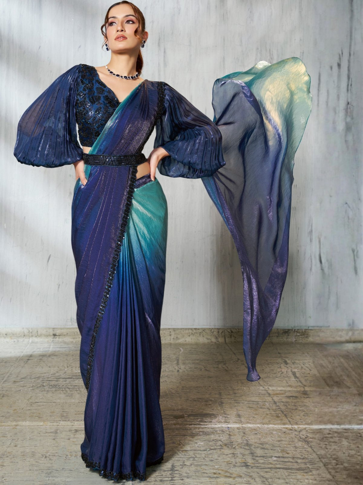 Blue Ombre Dual Tone Ready To Wear Satin Saree With Trendy Blouse