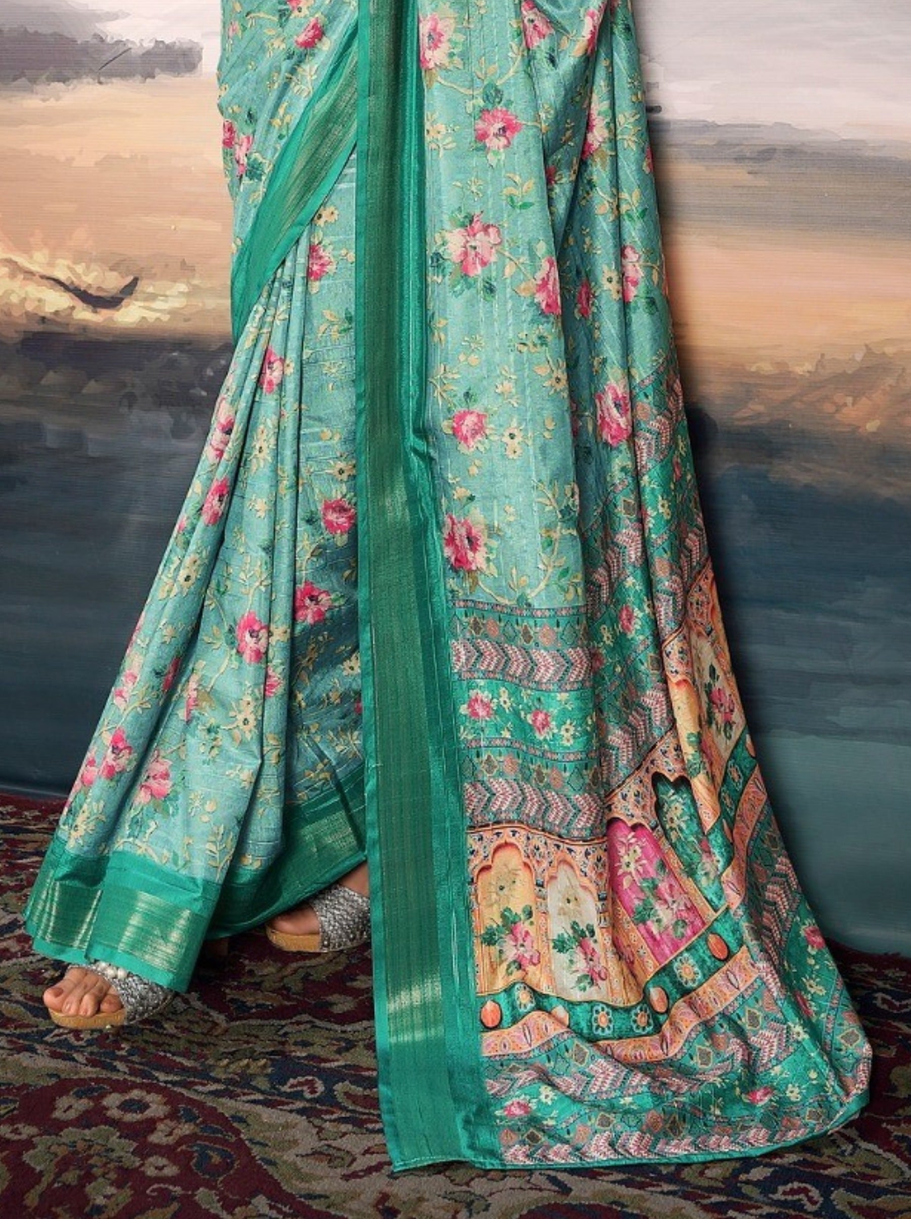 Tiffany Blue Organza Festive Saree - TrendOye