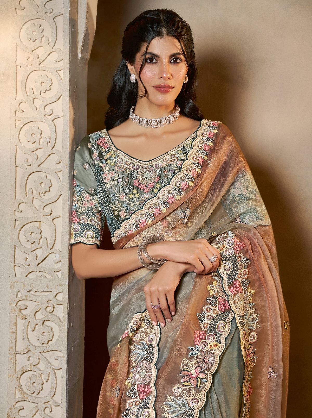 Sky Blue Organza Satin Wedding Saree With Blouse Piece