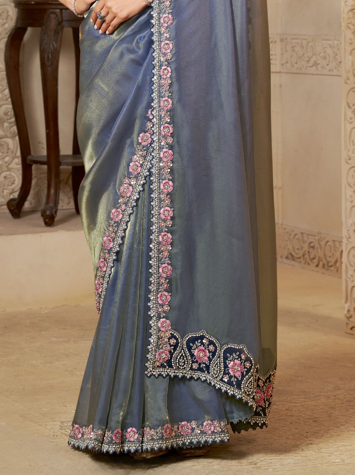 Pigeon Blue Organza Satin Wedding Saree With Blouse Piece