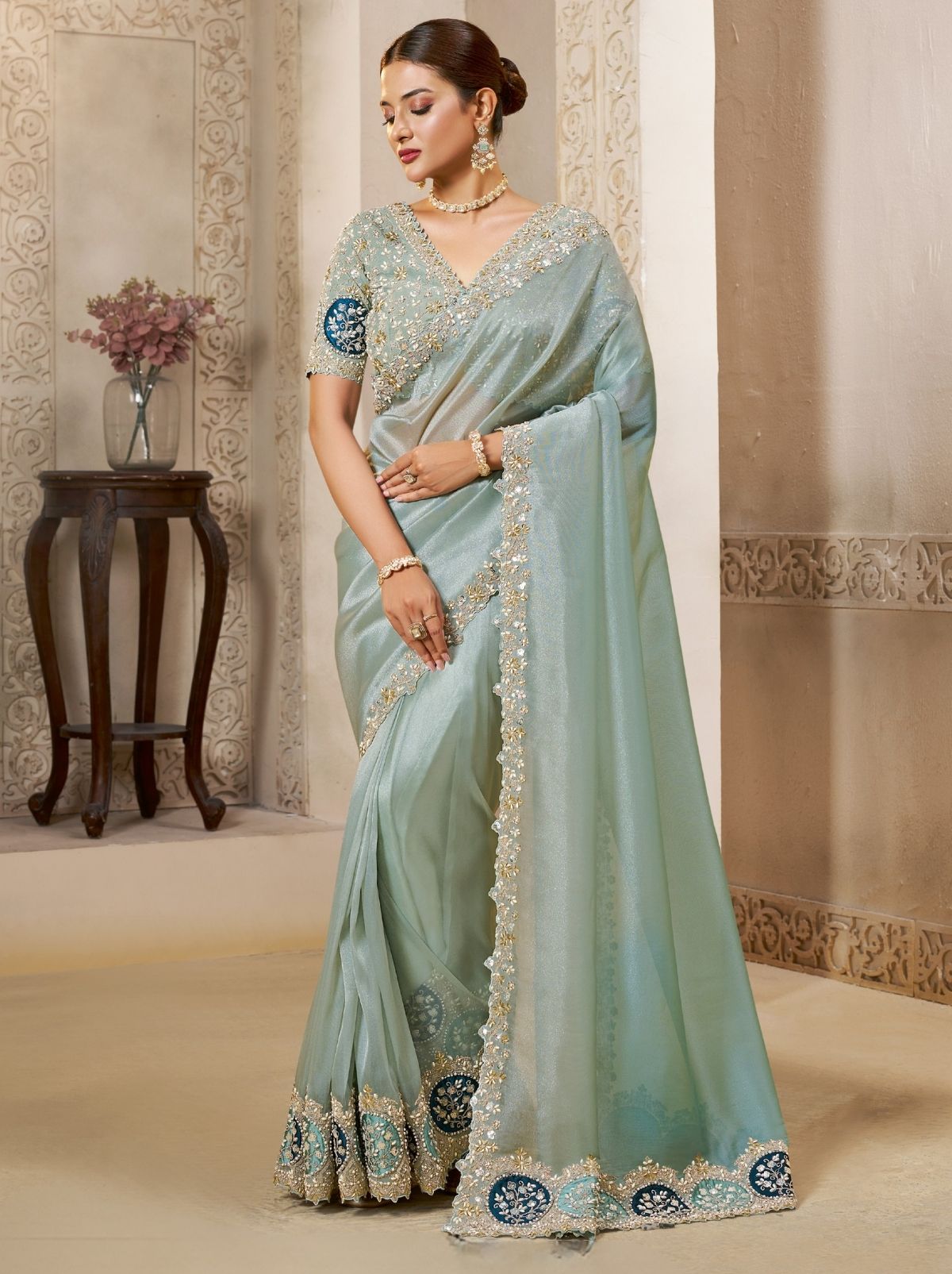 Baby Blue Organza Tissue Silk Saree With Stonework