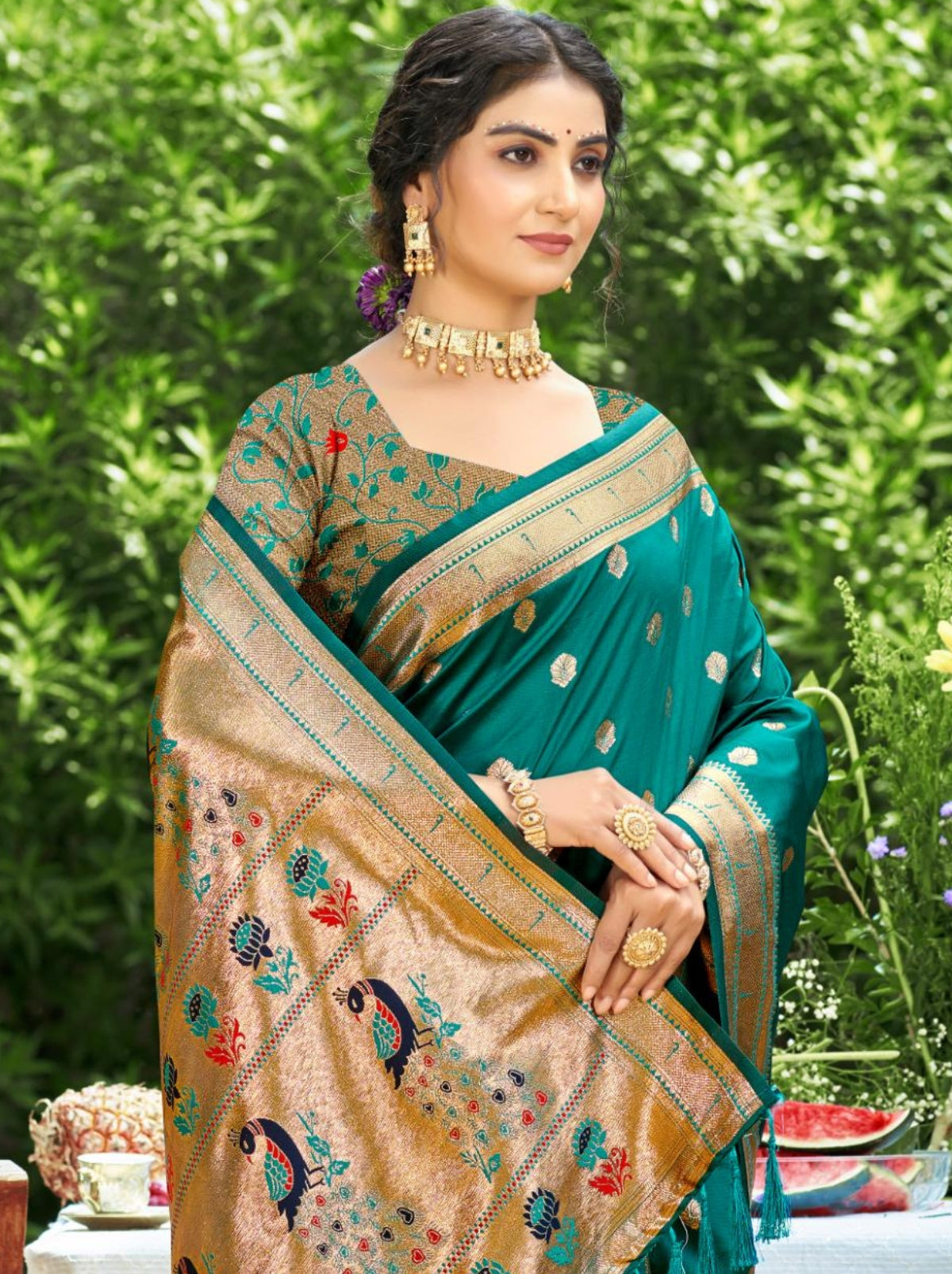 Prussian Blue Designer Paithani Silk Saree with Tassels