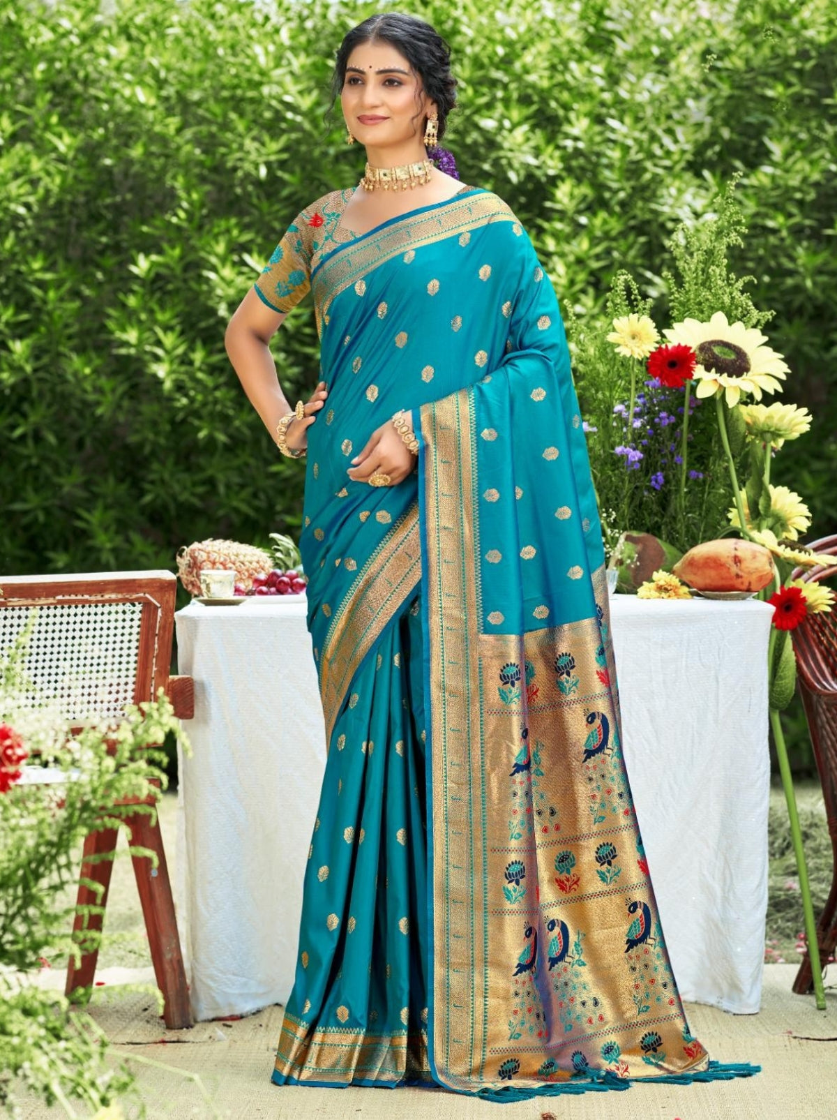 Olympic Blue Designer Paithani Silk Saree with Tassels