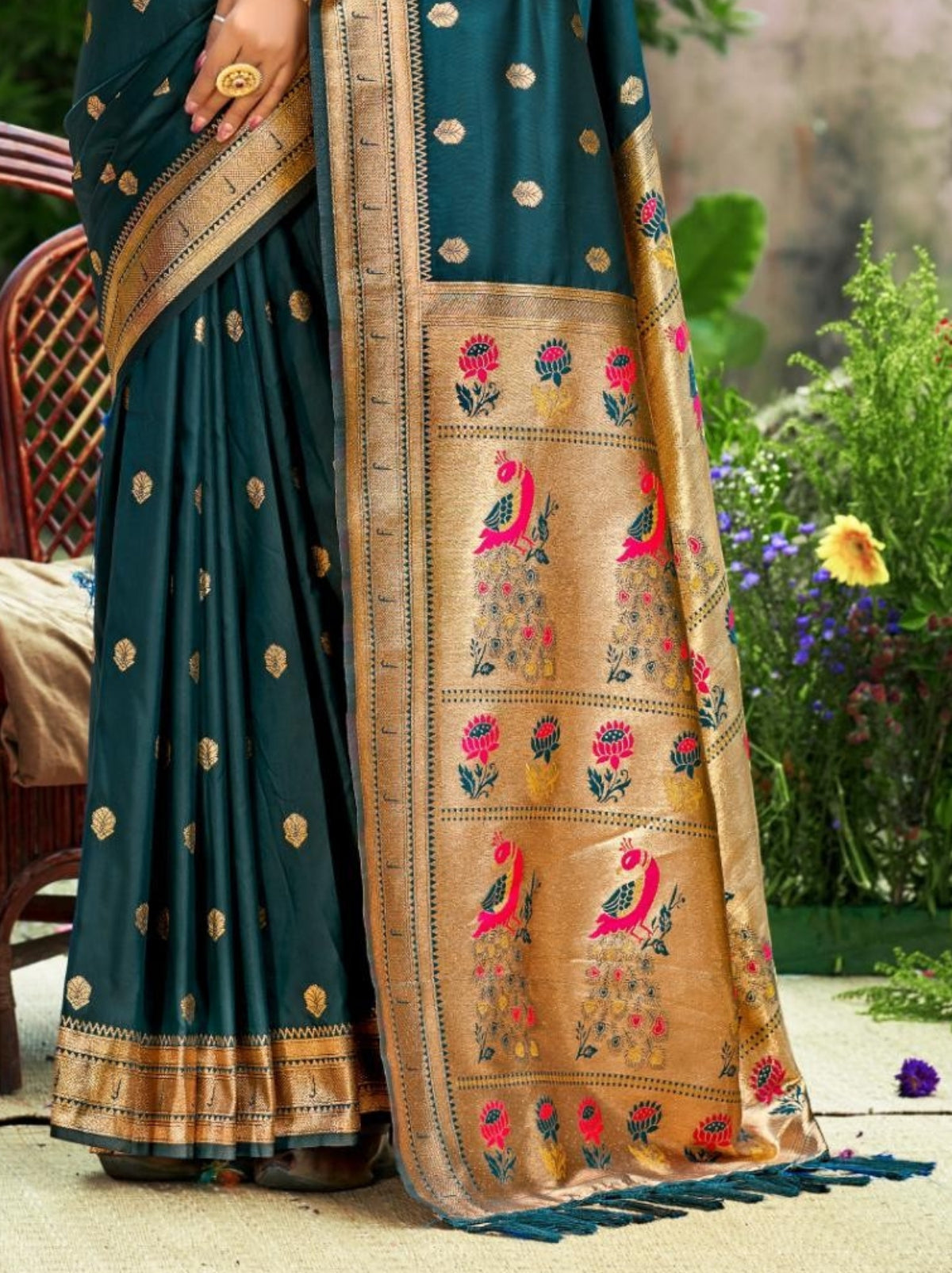 Teal Blue Designer Paithani Silk Saree with Tassels