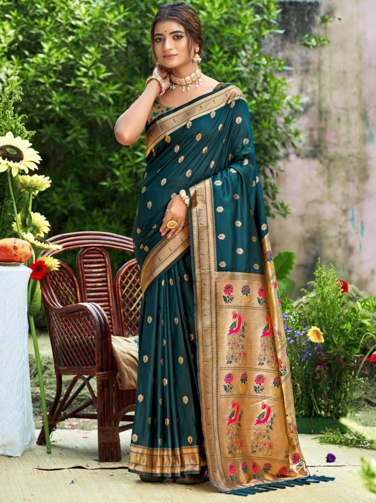 Teal Blue Designer Paithani Silk Saree with Tassels