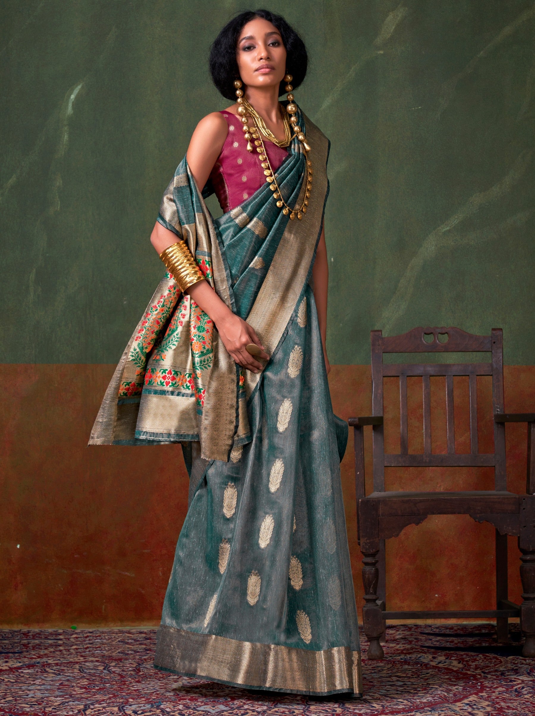 Air Force Blue Paithani Zari Tissue Silk Party Saree - TrendOye