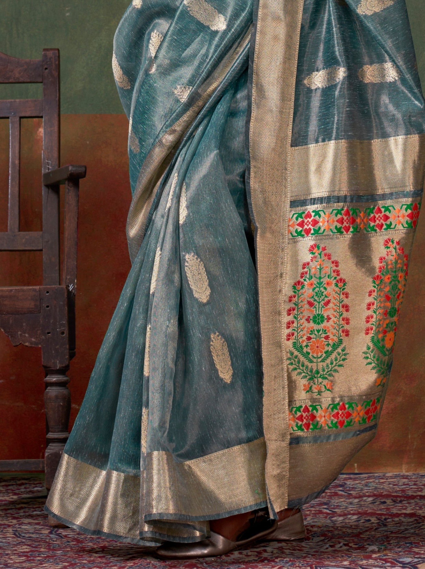 Air Force Blue Paithani Zari Tissue Silk Party Saree - TrendOye