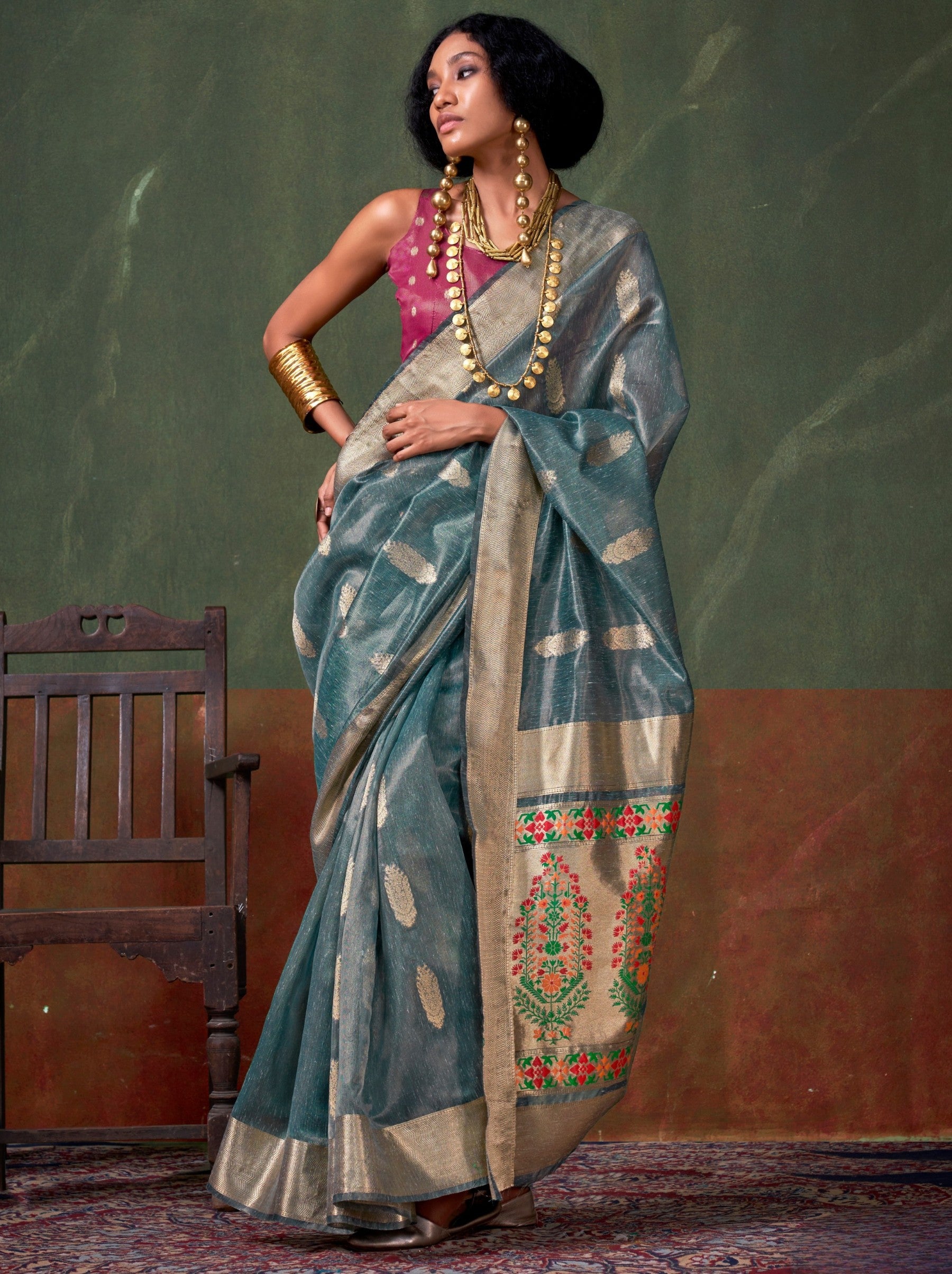 Air Force Blue Paithani Zari Tissue Silk Party Saree - TrendOye