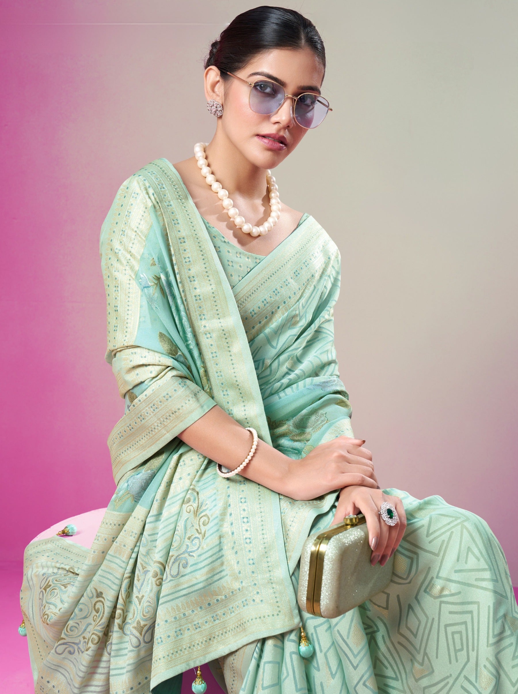 Tiffany Blue Premium Georgette Weightless Celebration Saree - TrendOye