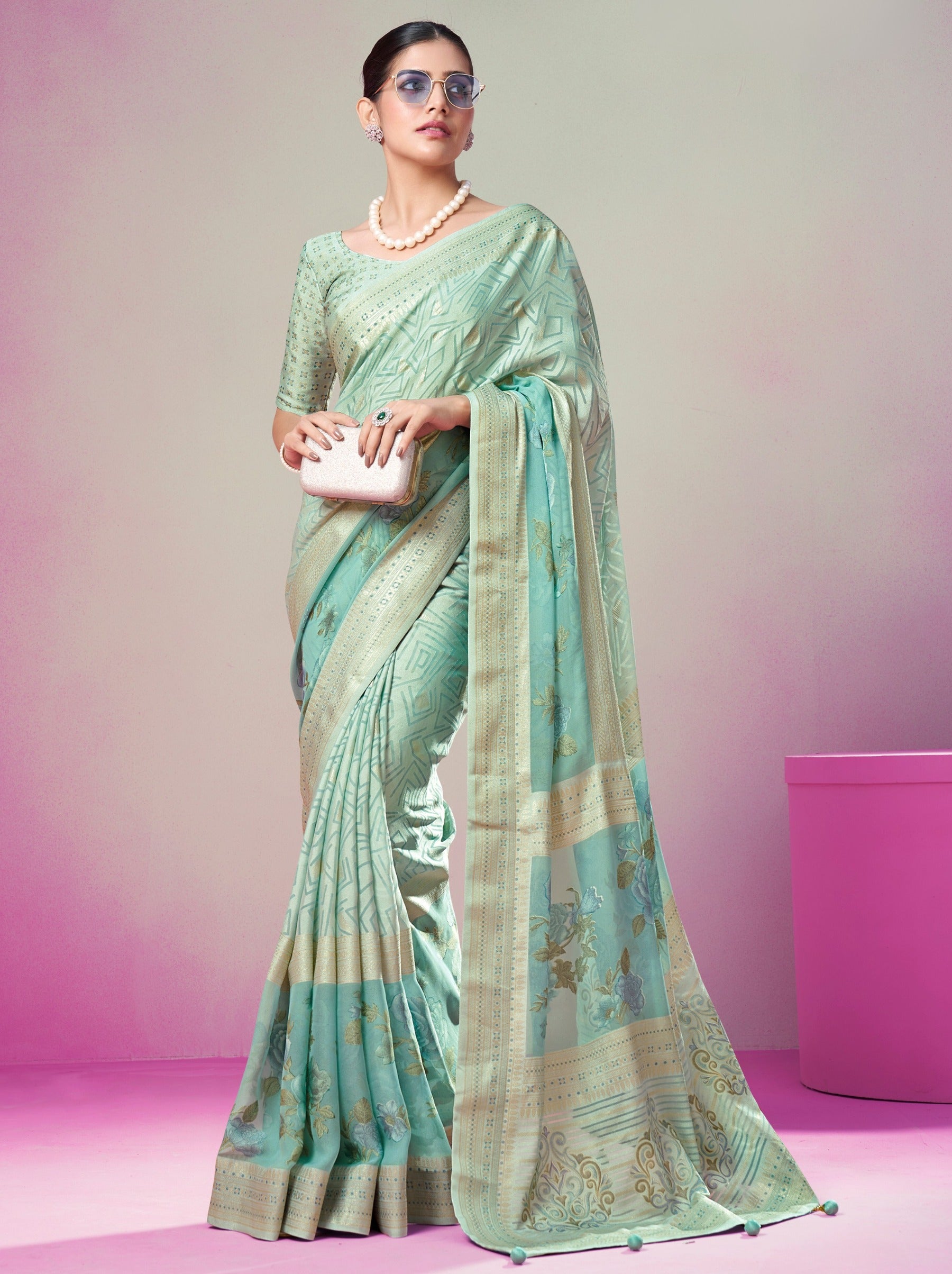 Tiffany Blue Premium Georgette Weightless Celebration Saree - TrendOye