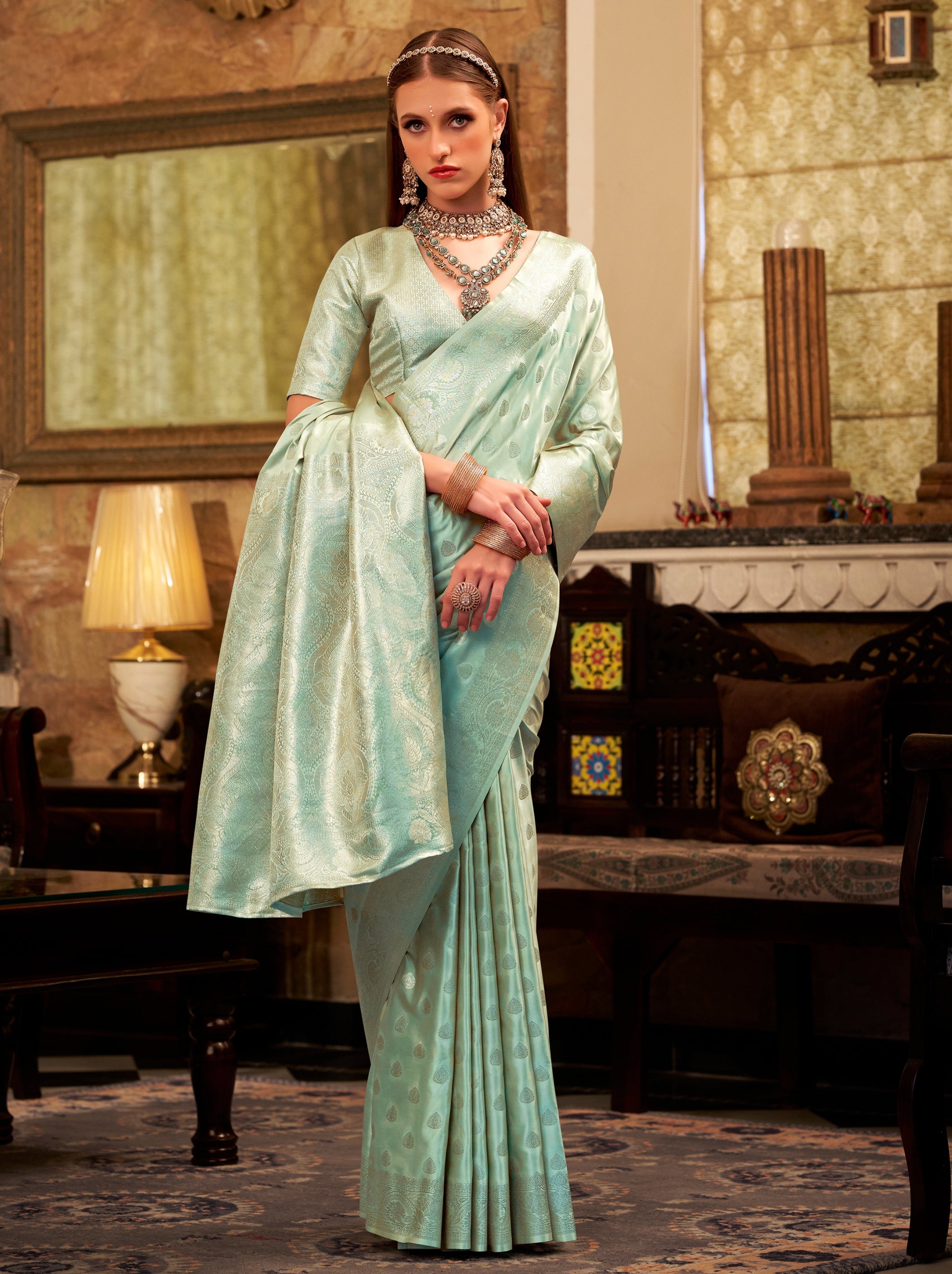 Powder Blue Pastel Soft Satin Silk Saree With Zari Work