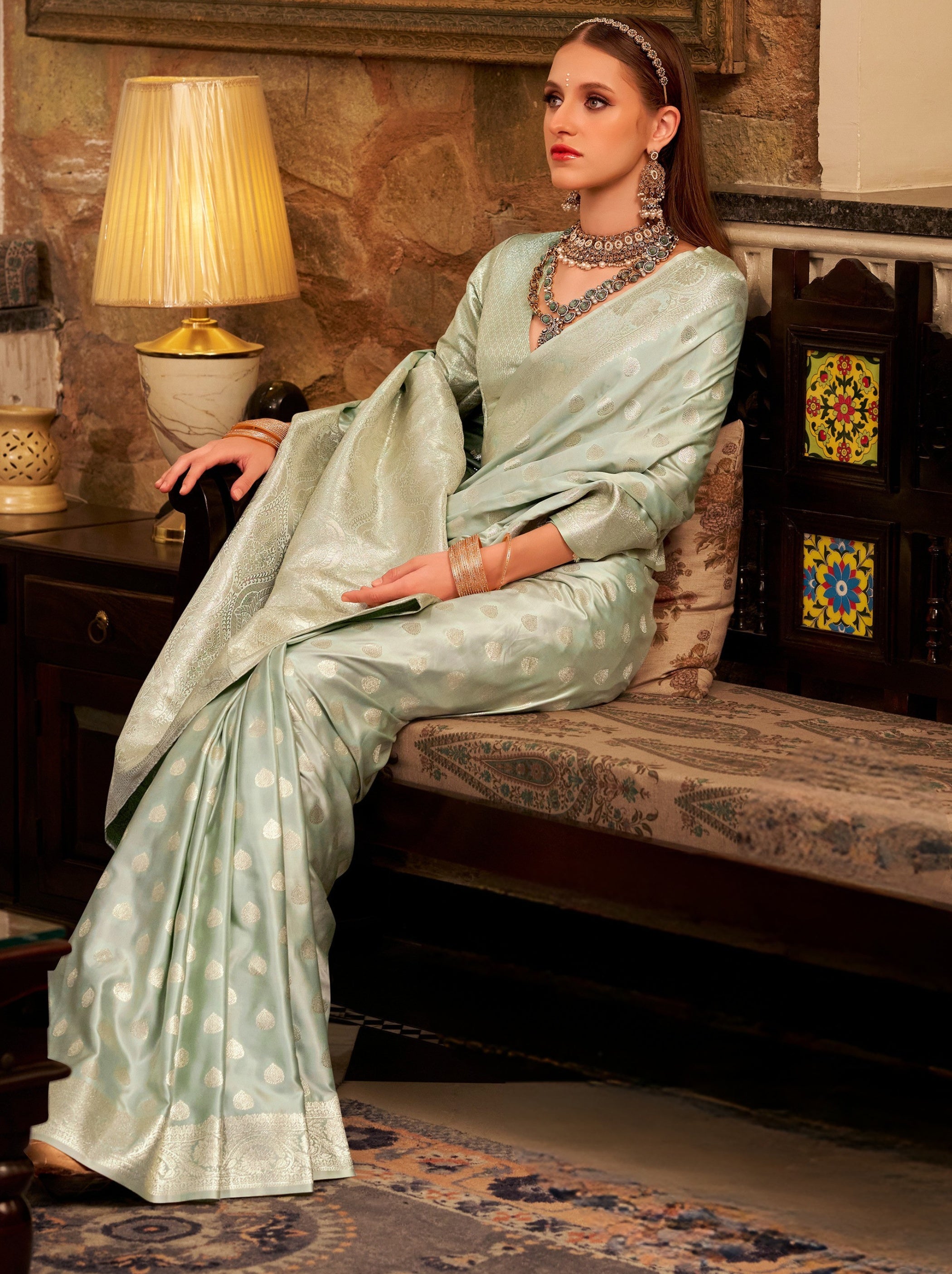Powder Blue Pastel Soft Satin Silk Saree With Zari Work