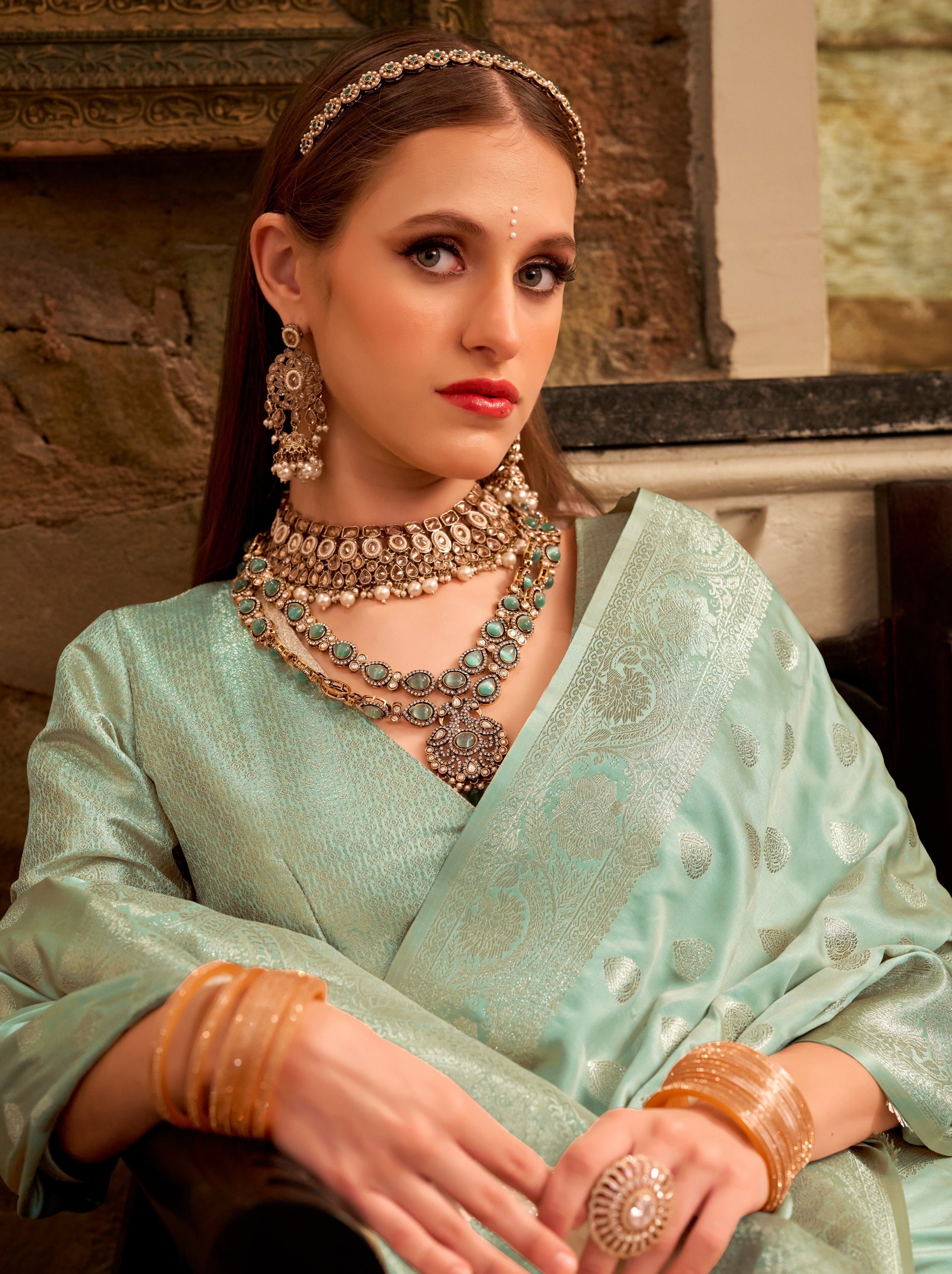 Powder Blue Pastel Soft Satin Silk Saree With Zari Work