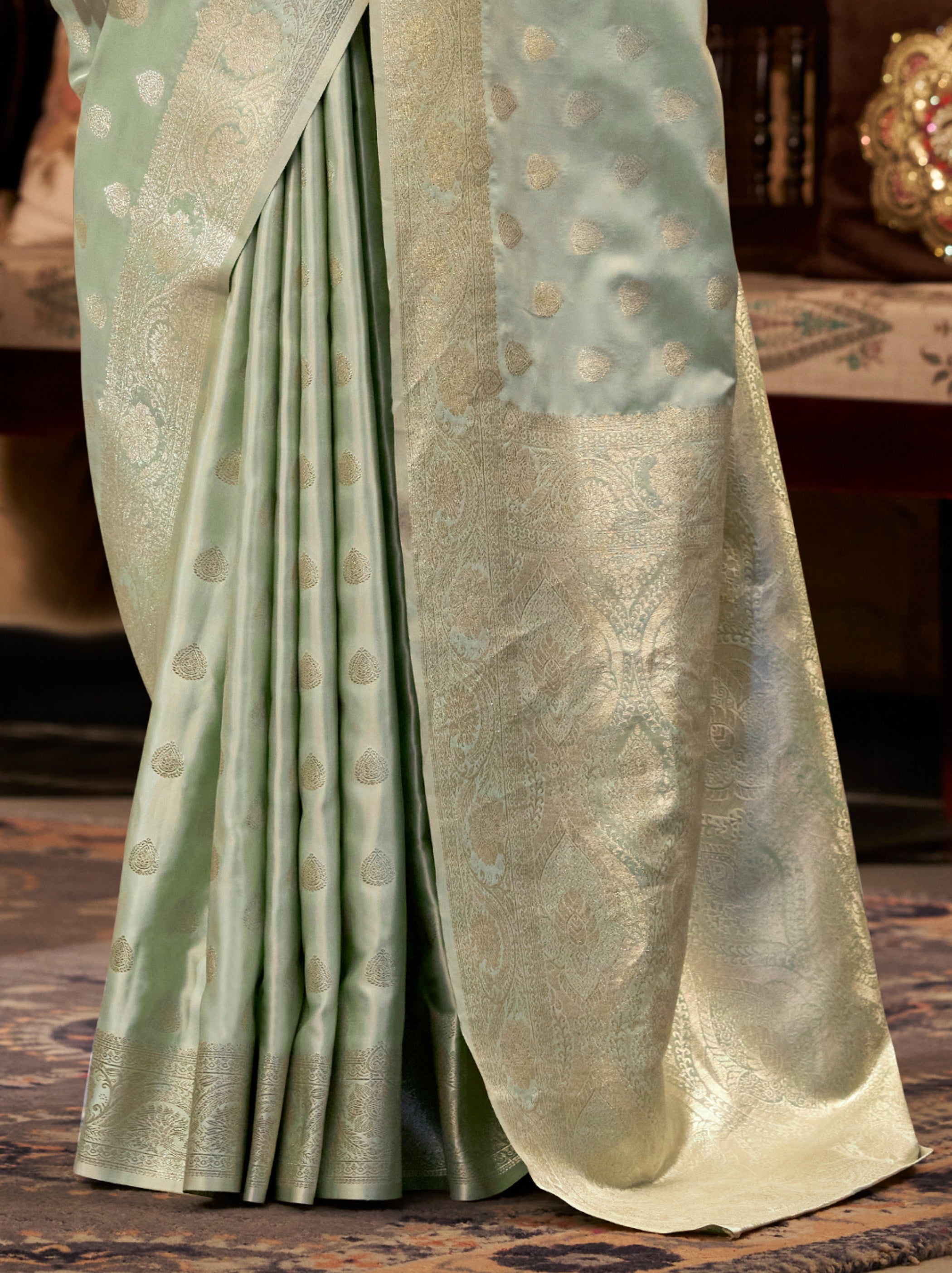 Powder Blue Pastel Soft Satin Silk Saree With Zari Work