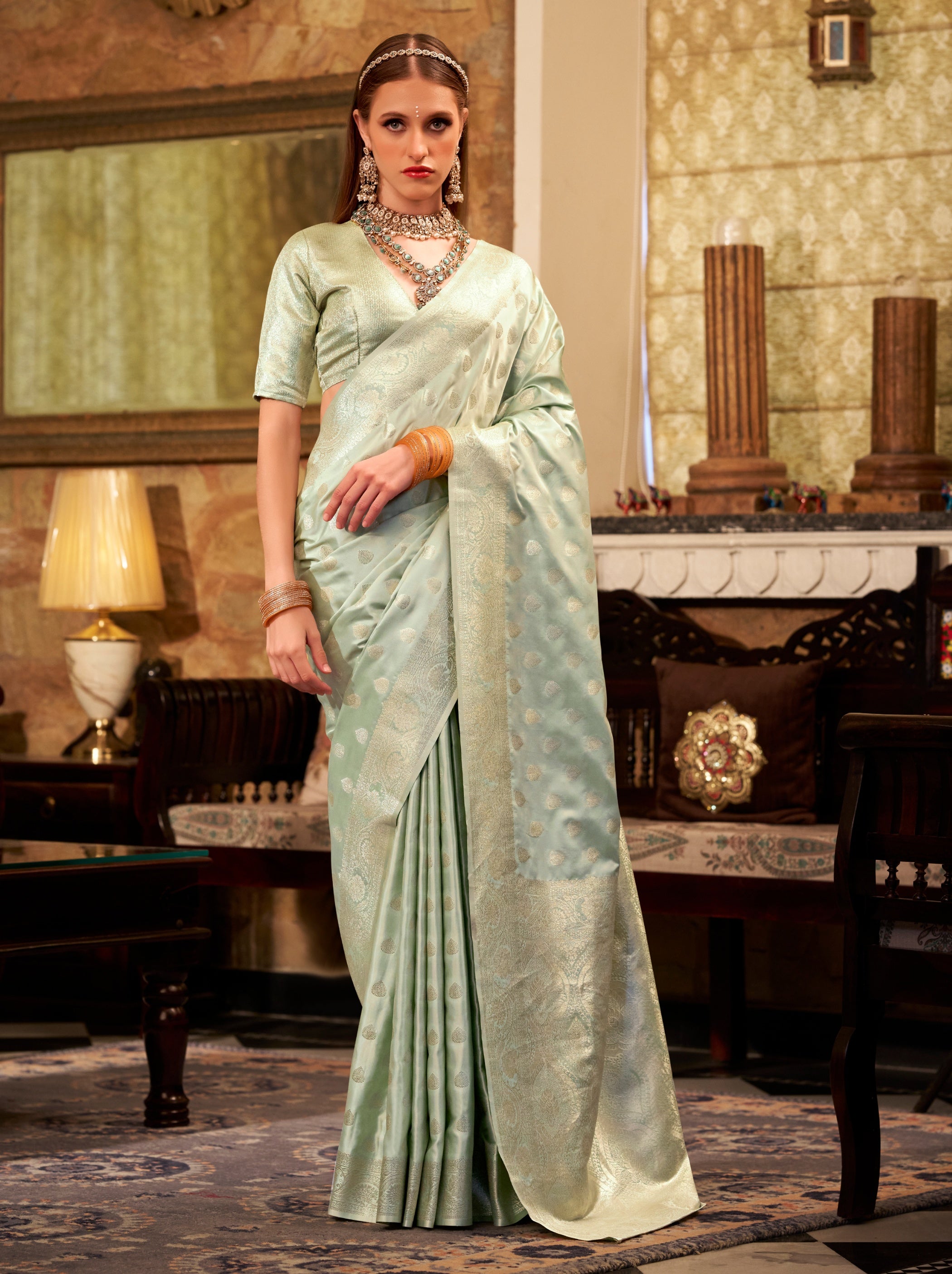 Powder Blue Pastel Soft Satin Silk Saree With Zari Work
