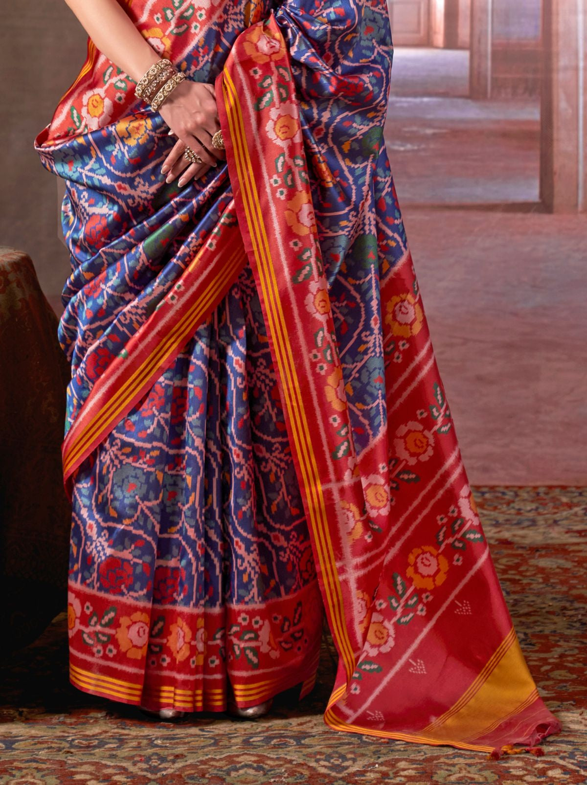 Indigo Blue Patola Silk Saree With Blouse Piece