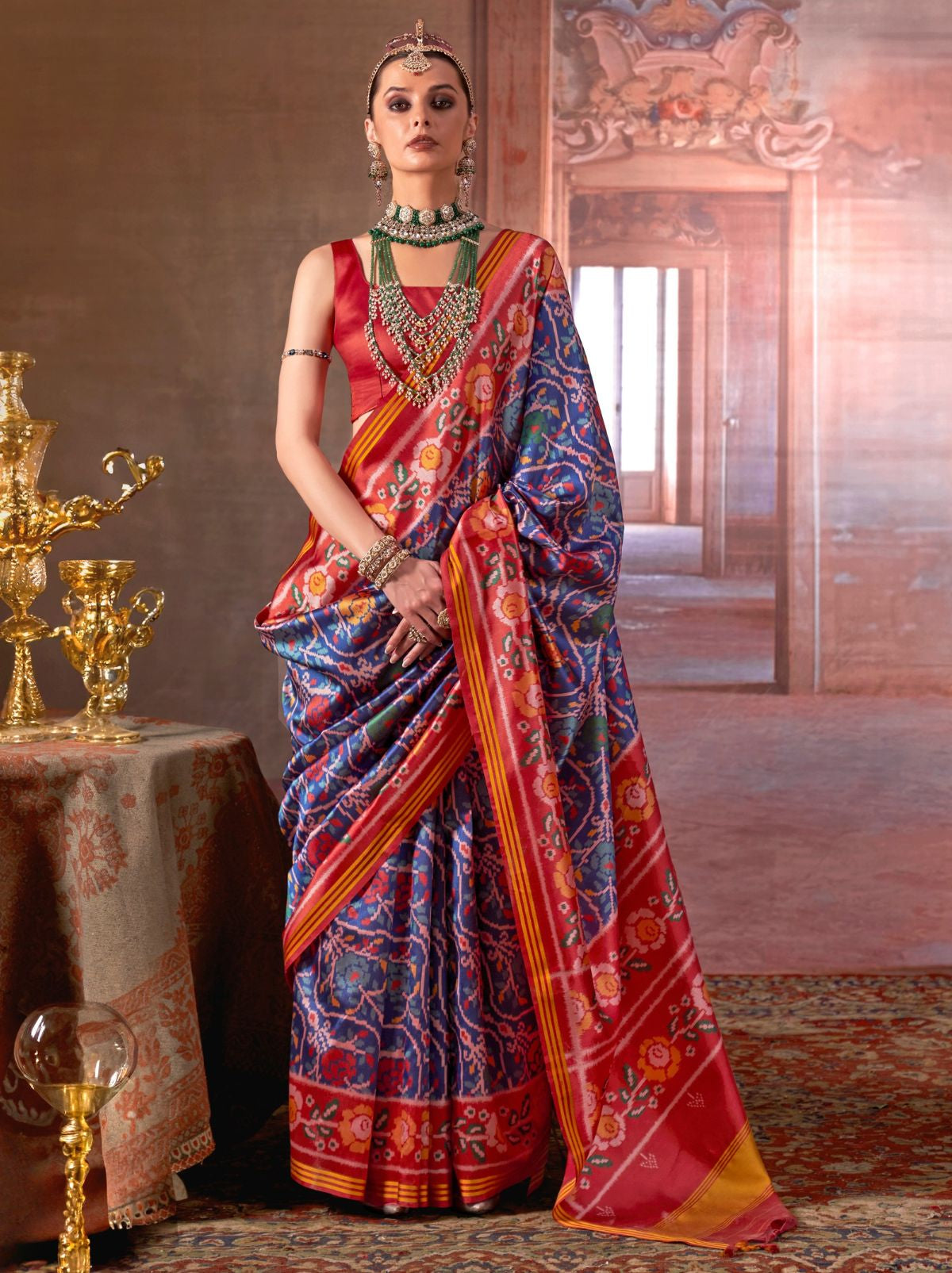 Indigo Blue Patola Silk Saree With Blouse Piece