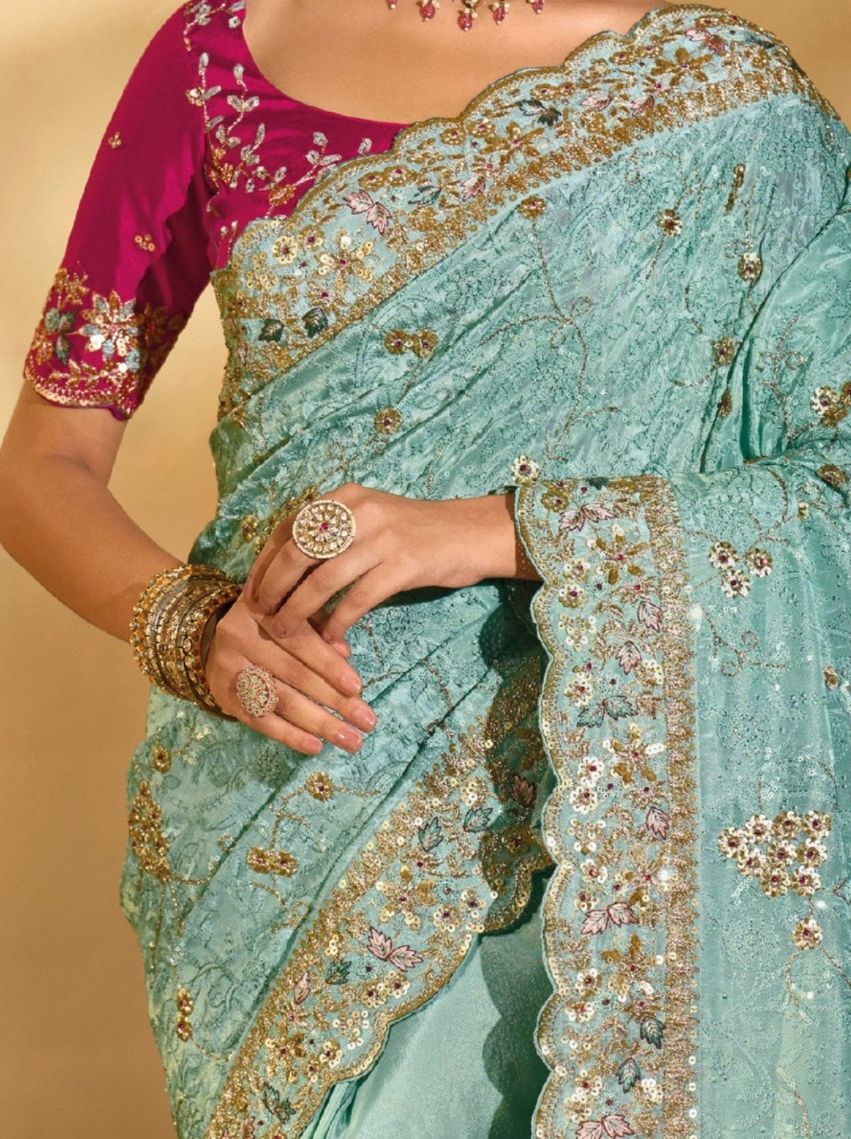 Olympic Blue Premium Banarasi Silk Saree With Sequence Work