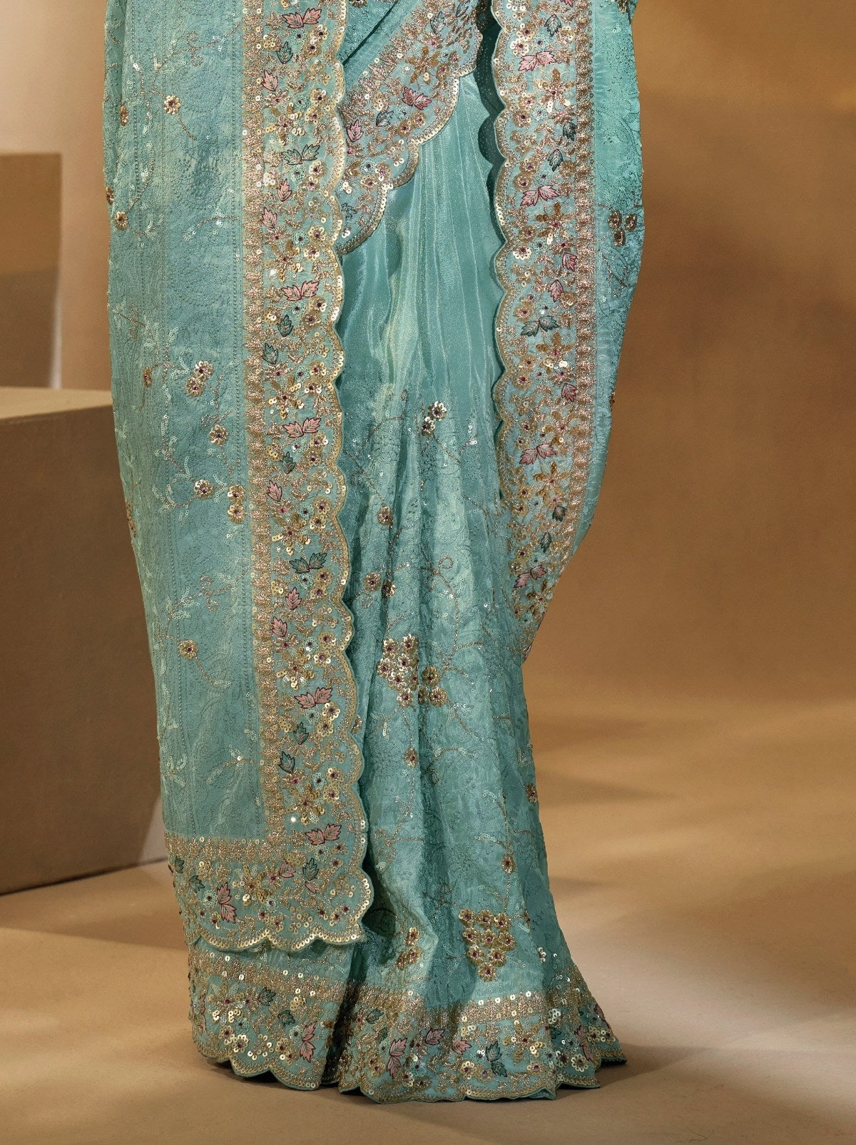 Olympic Blue Premium Banarasi Silk Saree With Sequence Work