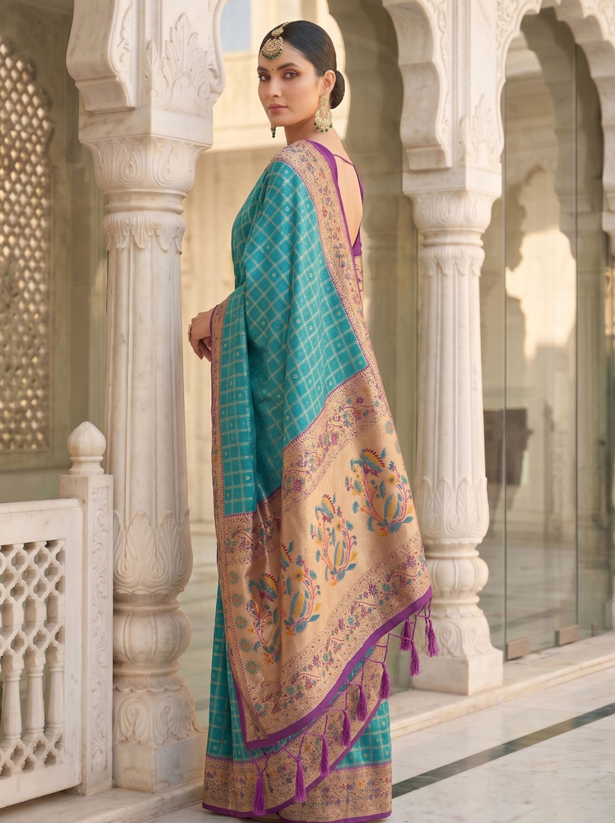 Olympic Blue Premium Banarasi Silk Saree With Tassels Work