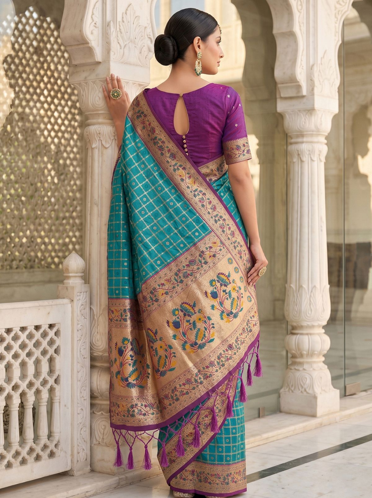 Olympic Blue Premium Banarasi Silk Saree With Tassels Work