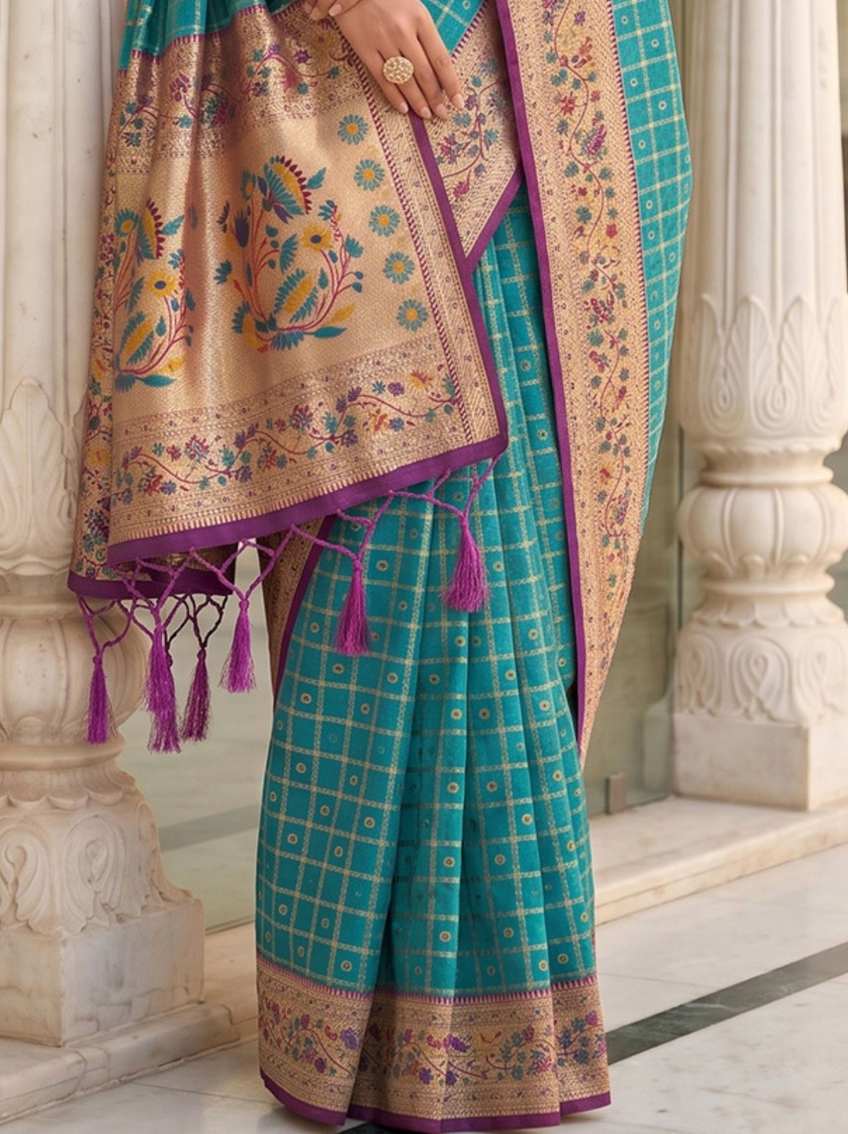 Olympic Blue Premium Banarasi Silk Saree With Tassels Work