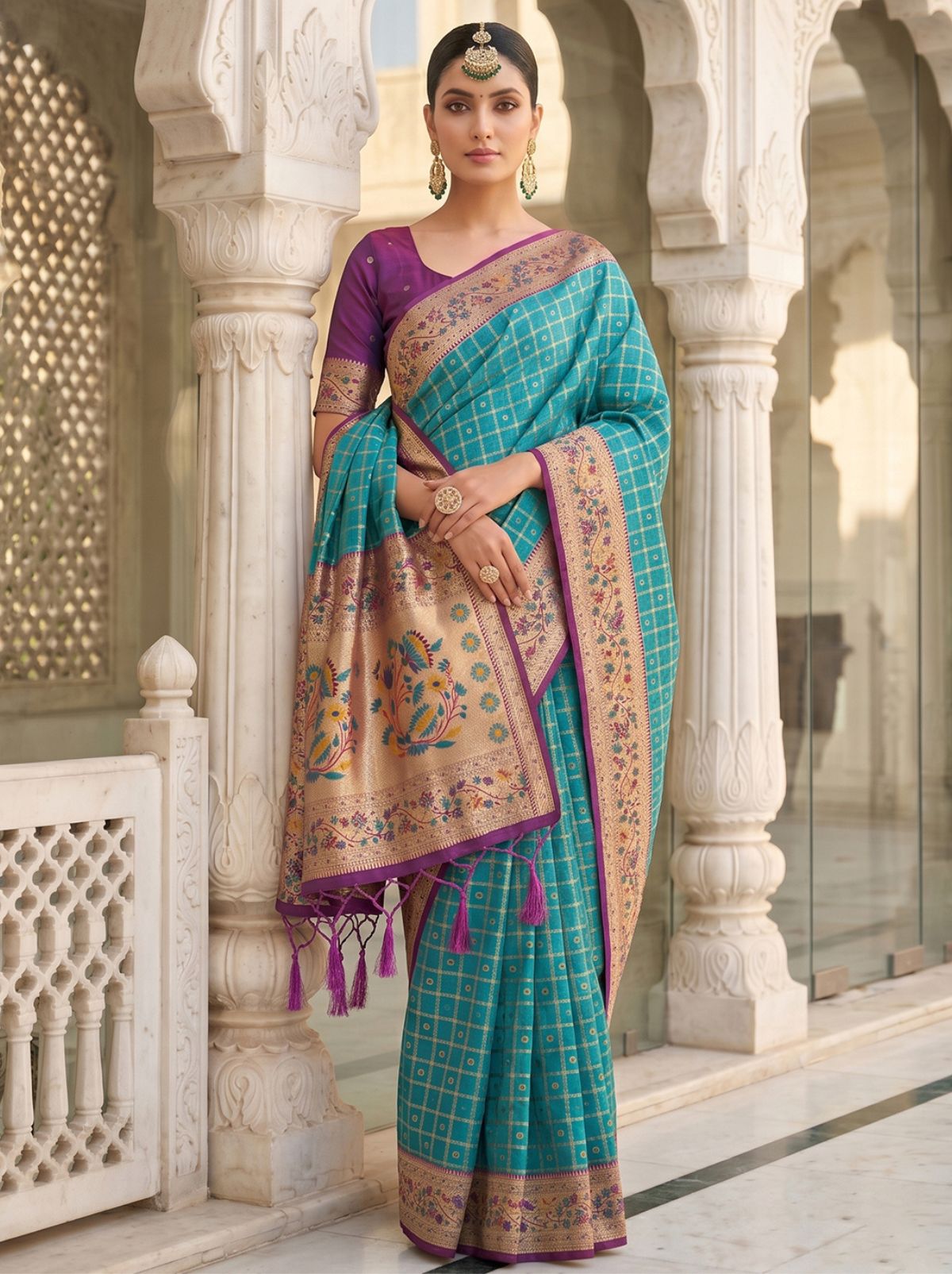 Olympic Blue Premium Banarasi Silk Saree With Tassels Work