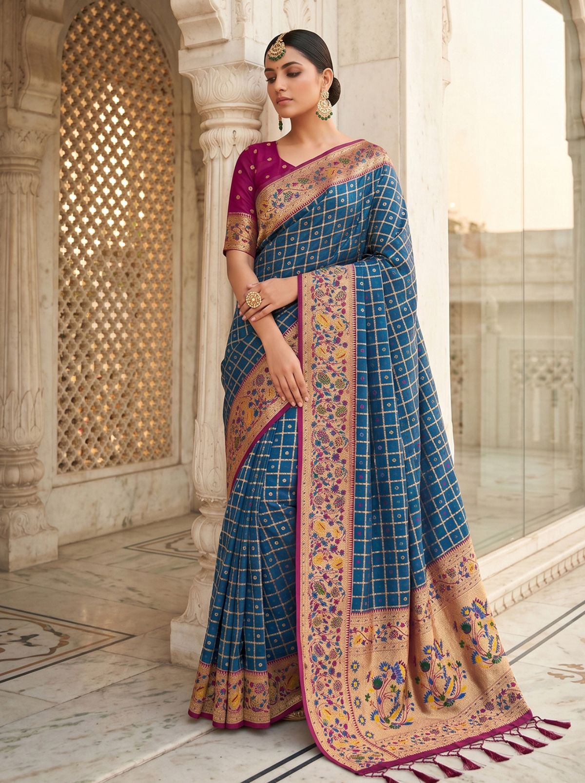 Yale Blue Premium Banarasi Silk Saree With Tassels Work