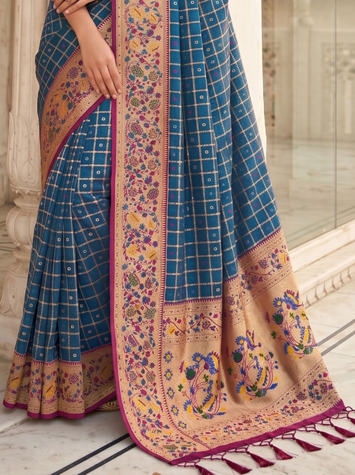 Yale Blue Premium Banarasi Silk Saree With Tassels Work